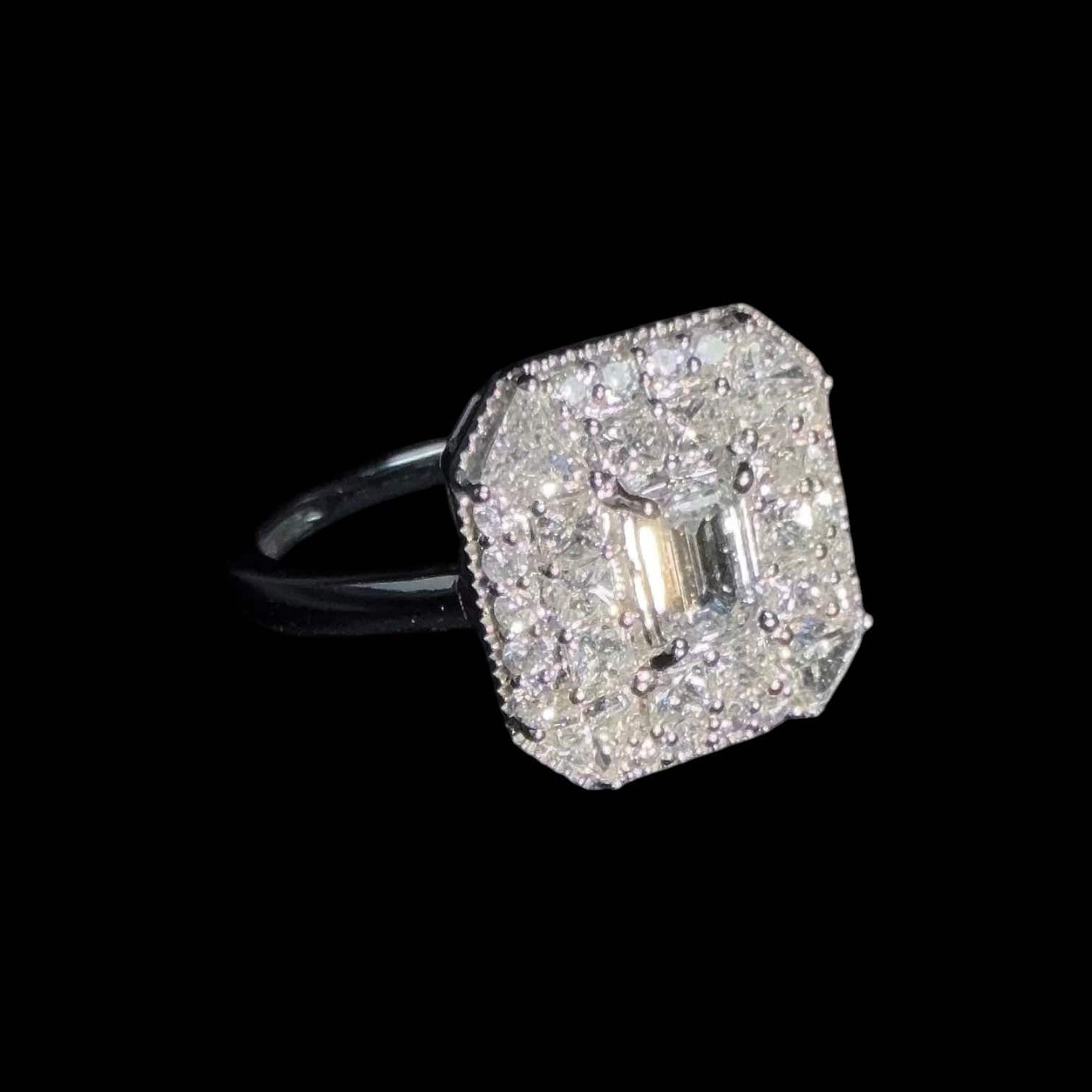 Luxury Promise 0.31ct GIA Emerald Cut Natural White Diamond with 0.88ct Surrounding Diamond Ring set in 18K White