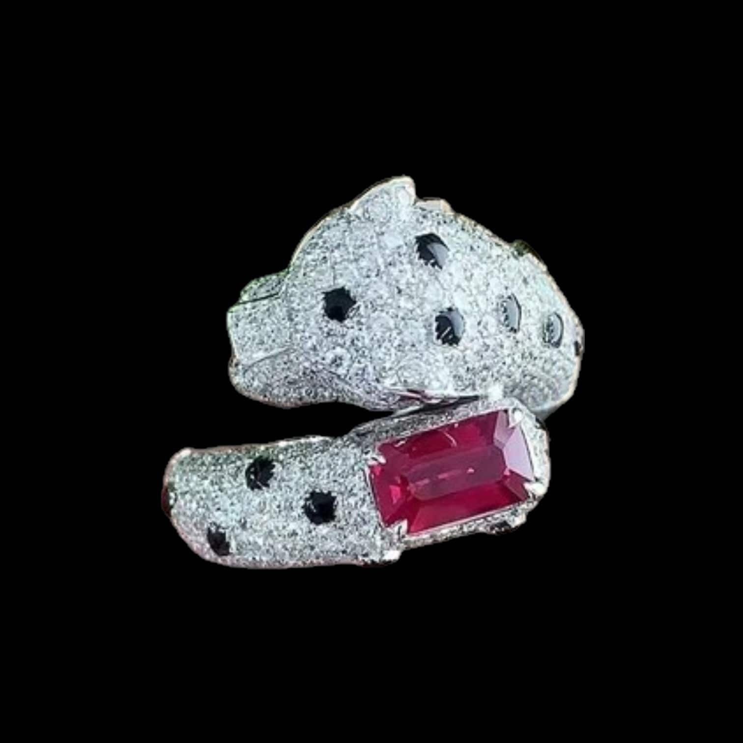 Luxury Promise 1.49ct Burma (Myanmar) Natural "Pigeon Blood" Ruby & 2.518ct Diamond Panther Ring set in 18K Gold