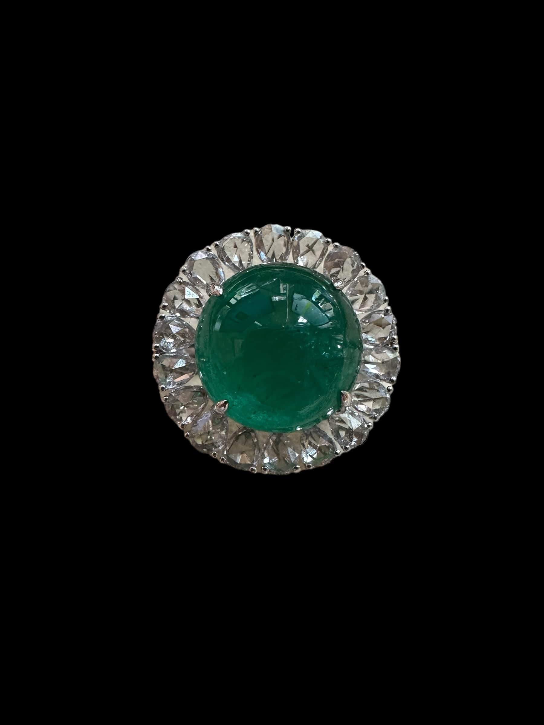 Luxury Promise 7.40ct Cabochon Cut Emerald with Surrounding 1.36ct Diamonds set in 18K White Gold