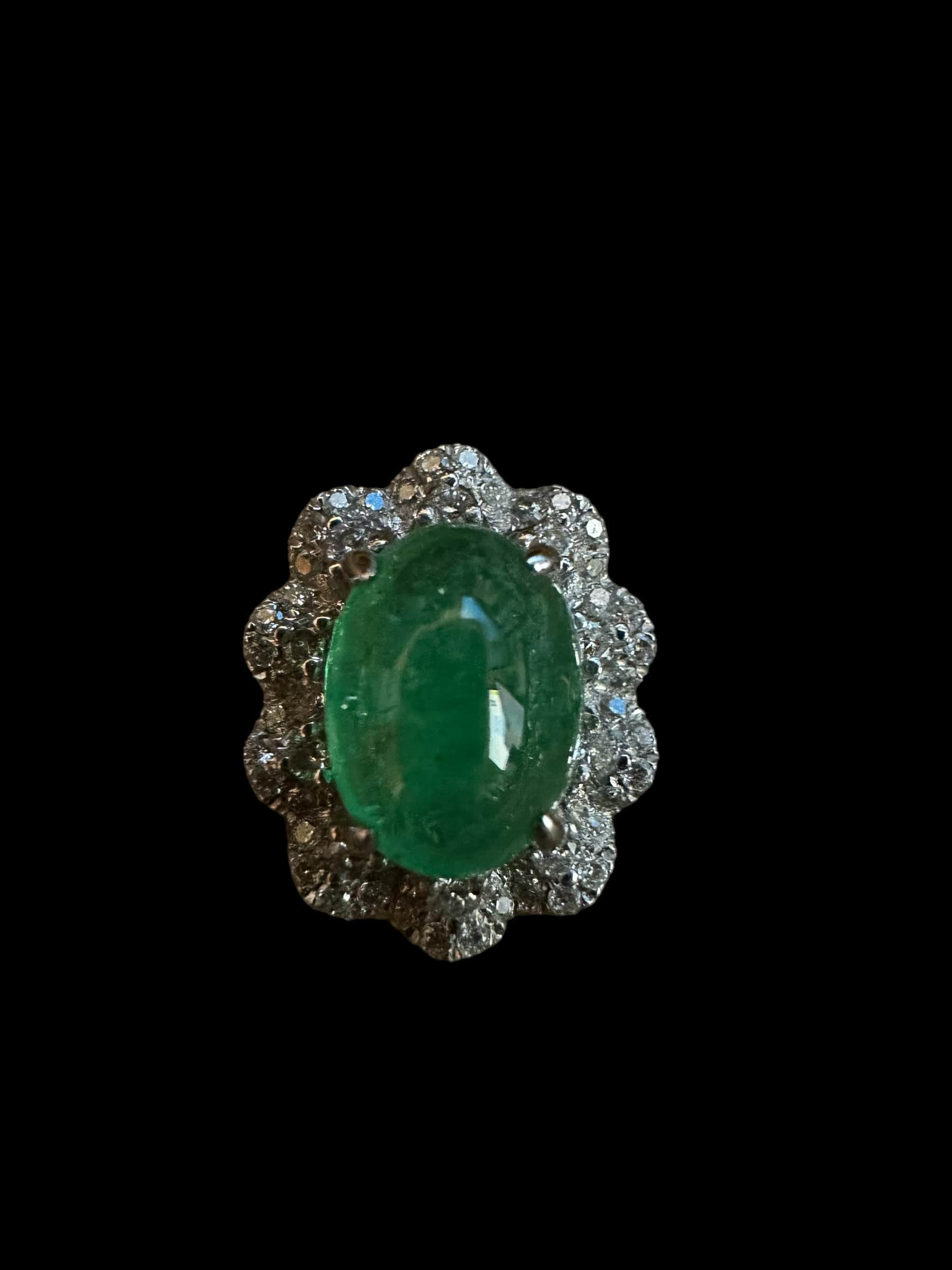 Luxury Promise Oval Cabochon Cut Emerald with Surrounding  Diamond Ring set in 18K White Gold