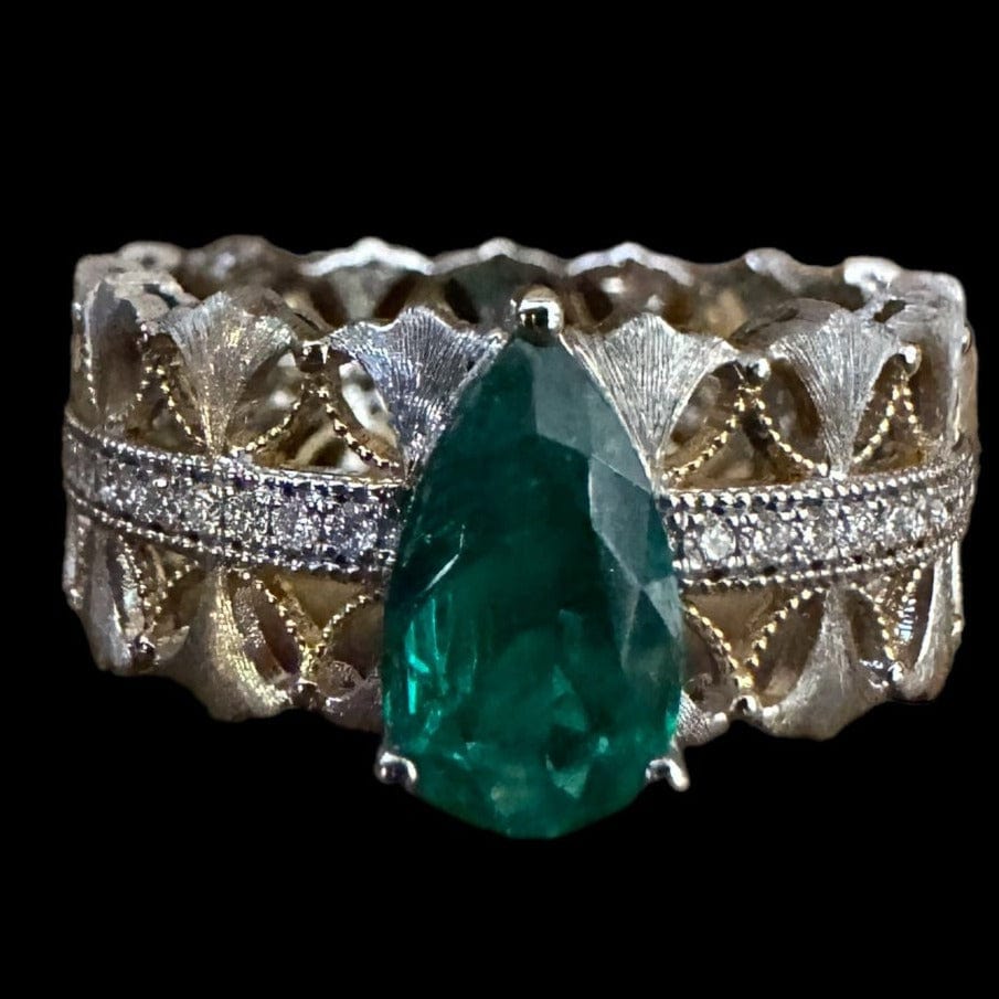 Luxury Promise Pear Shaped Emerald, Diamond 18K White Gold Ring Wide Band