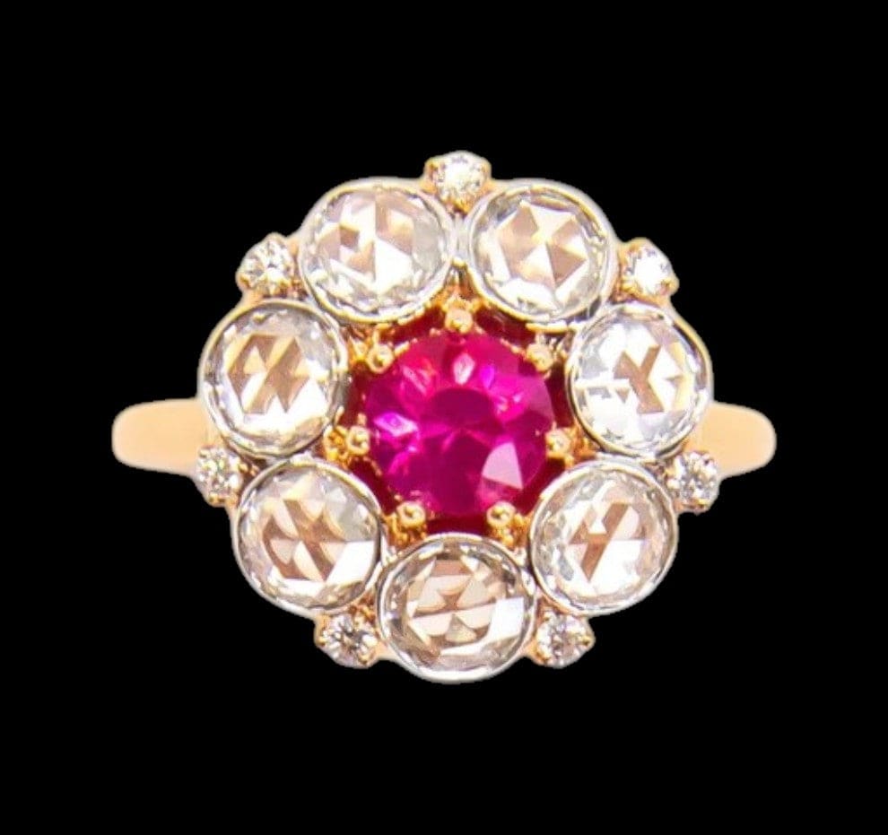 Luxury Promise Signature Cluster 0.77ct Ruby and Rose Cut Diamond Ring set in 18K Rose & White Gold (total Gem Weight 2.25ct)