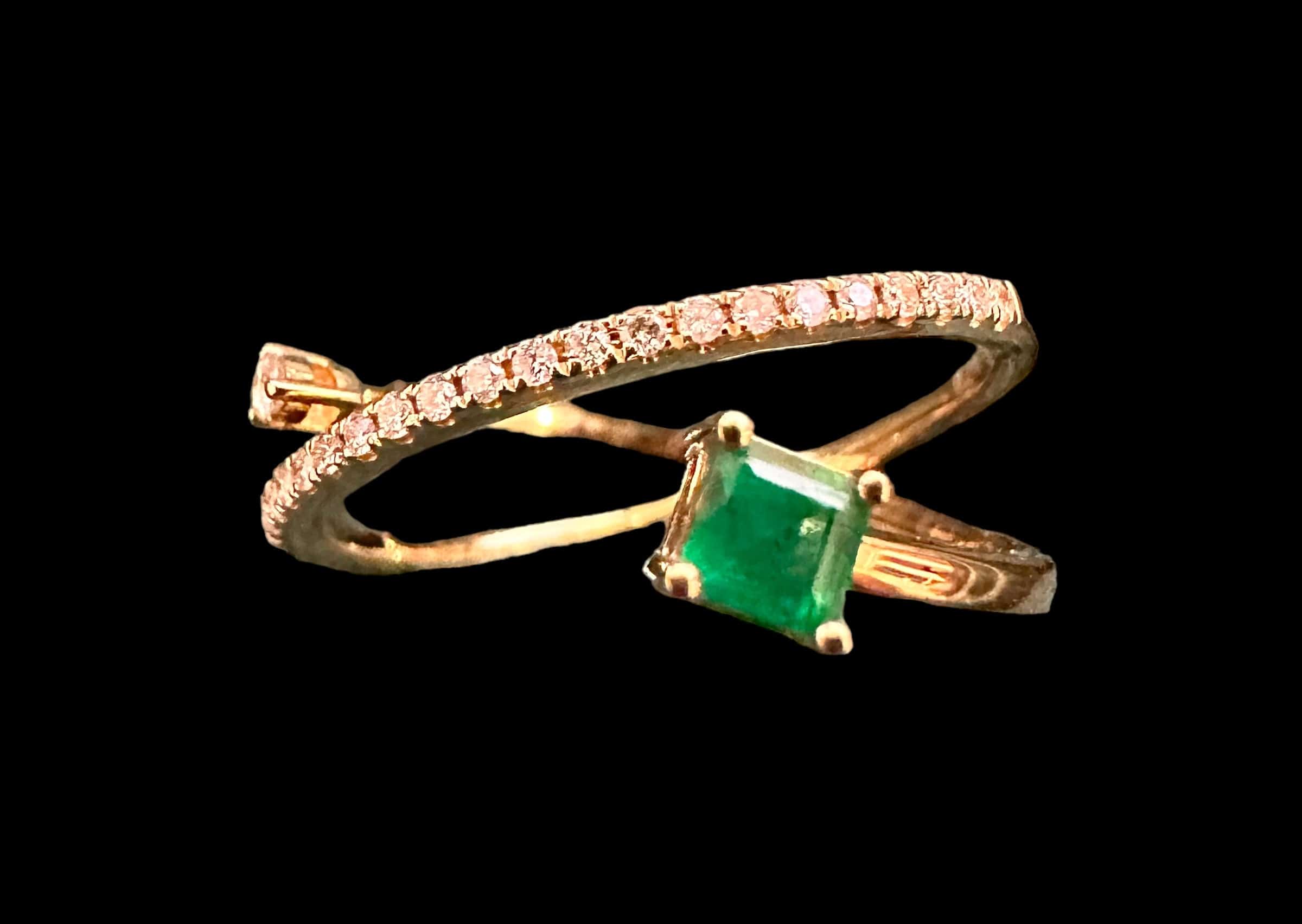 Luxury Promise Square Cut Emerald & Diamond Ring set in 18K Yellow Gold