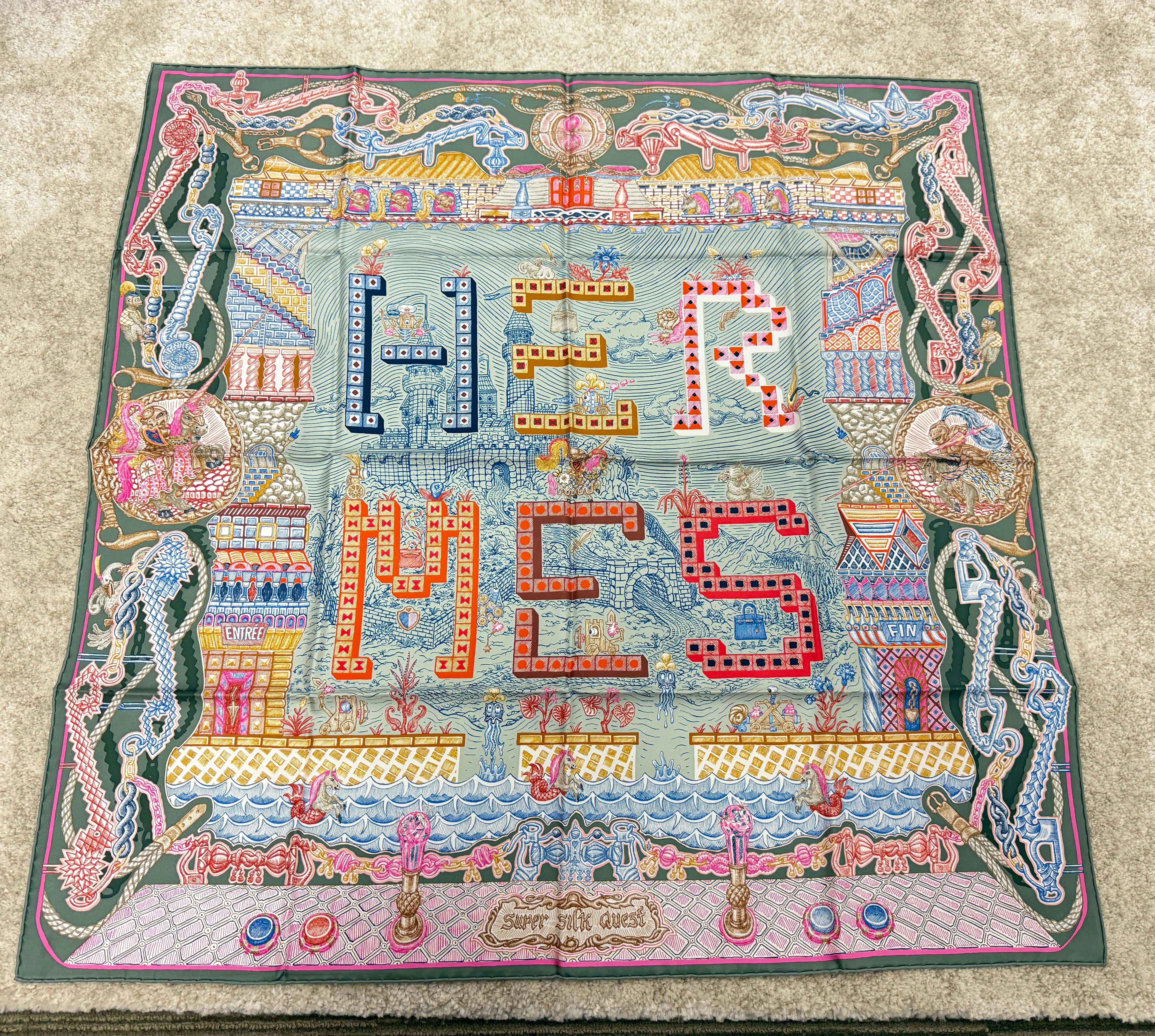 LUXURY PROMISE HERMÈS SUPER SILK QUEST SILK SCARF 90 Almond Green/ Pink