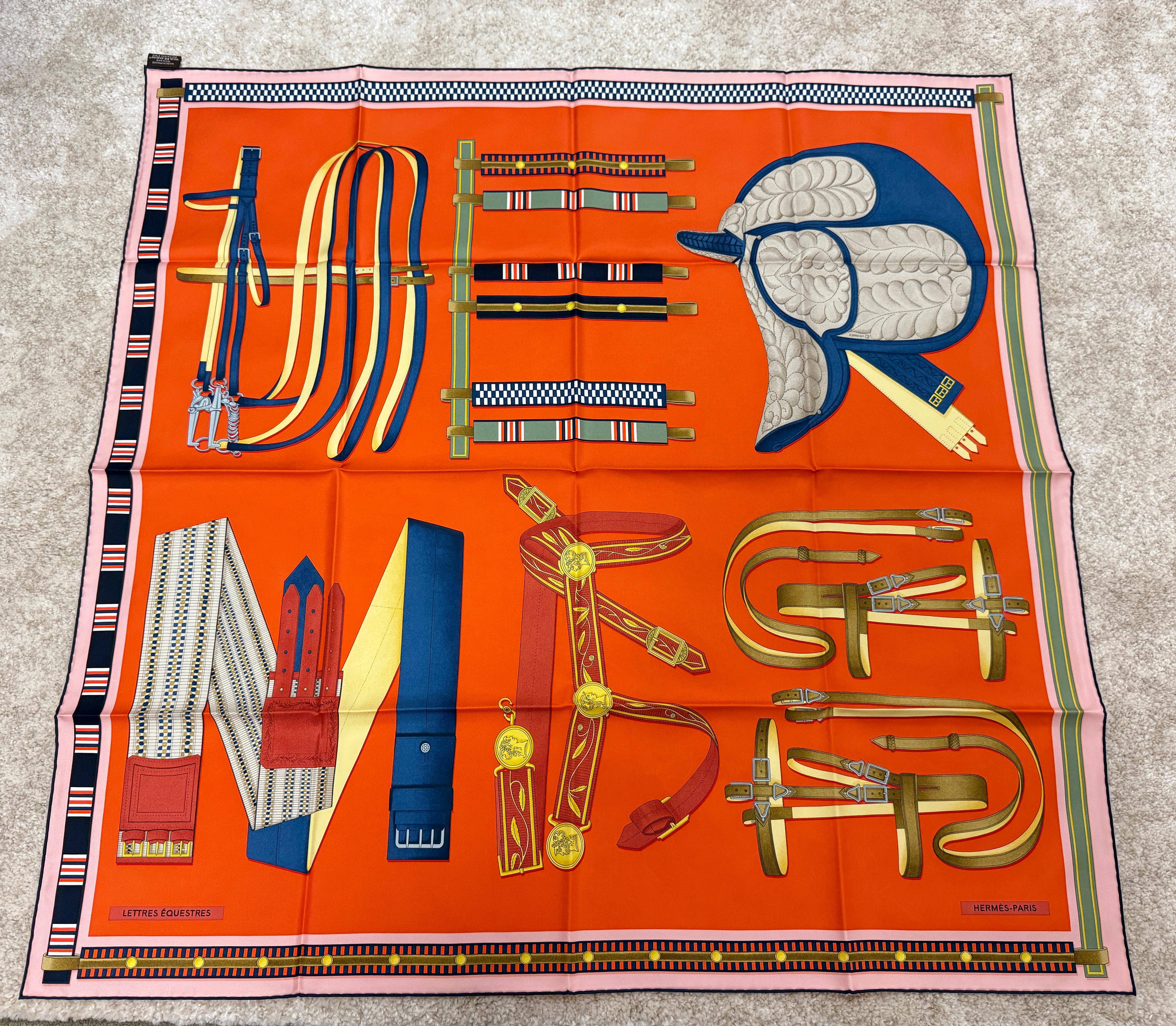LUXURY PROMISE *HK LOCATED*HERMÈS LETTRES EQUESTRES SCARF 90 Orange/ Bleu/ Beige