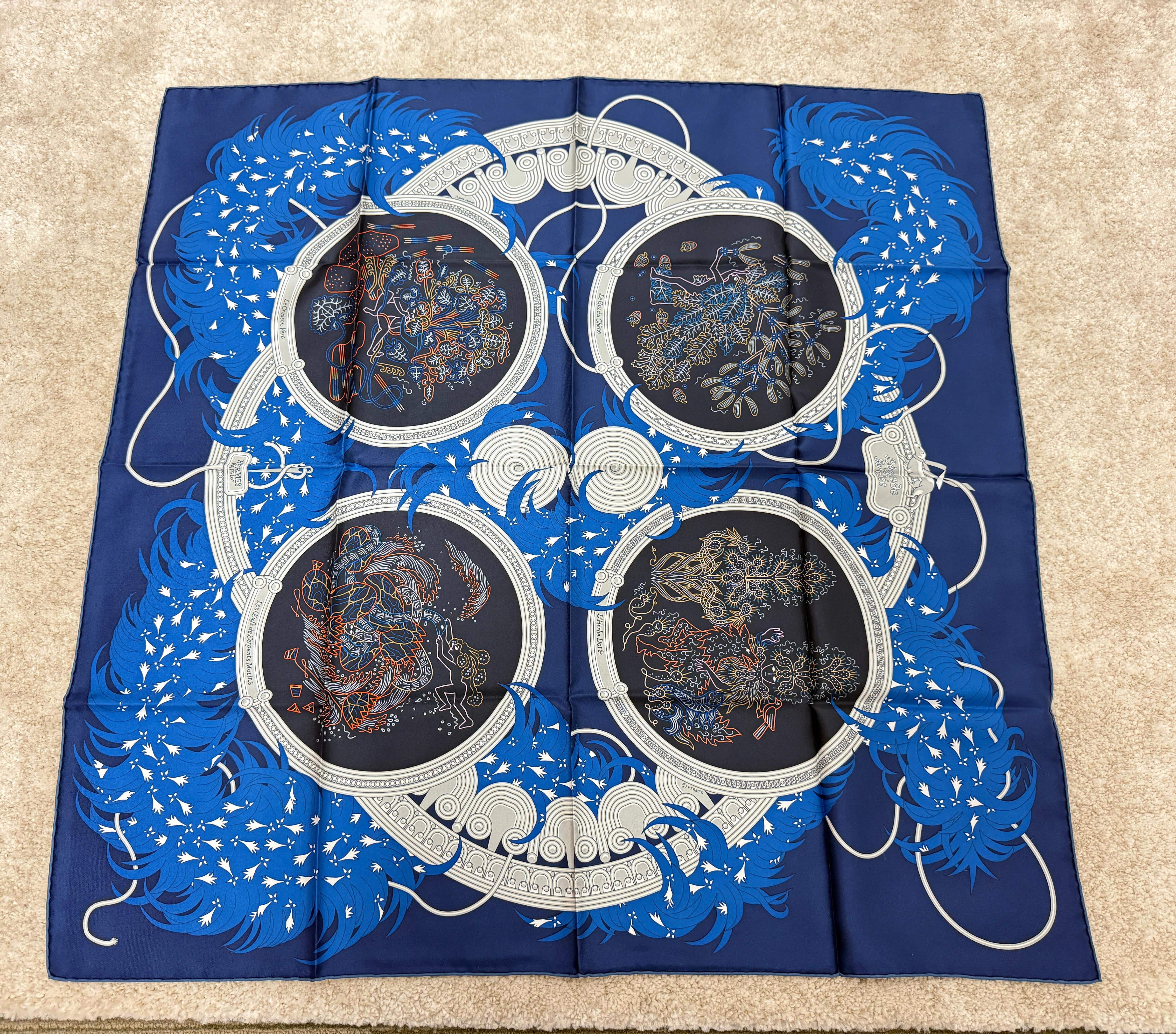 LUXURY PROMISE *HK LOCATED*HERMÈS TRICOLOR LEGENDE BRODEE SILK SCARF 90 Blue