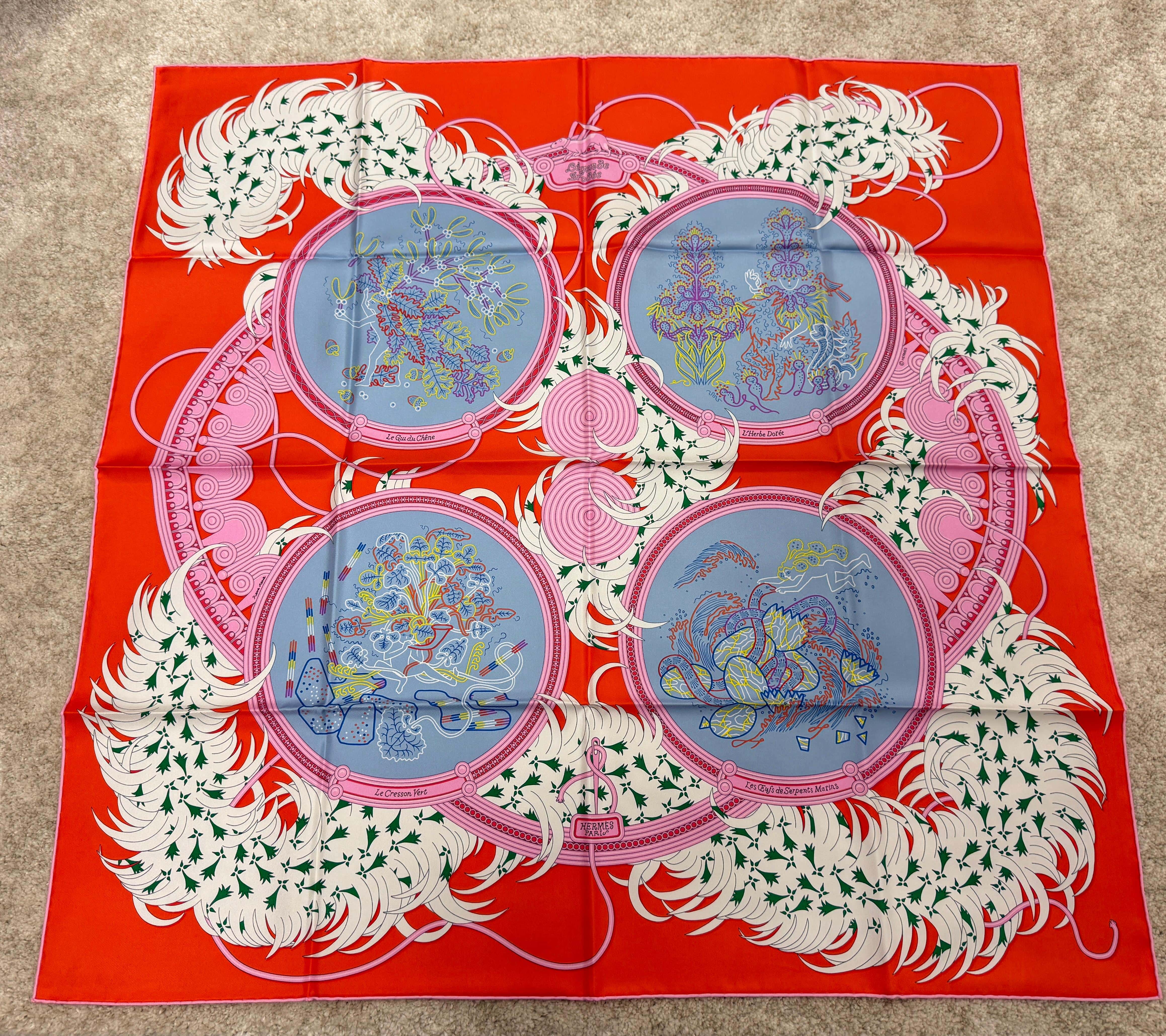 LUXURY PROMISE *HK LOCATED*HERMÈS TRICOLOR LEGENDE BRODEE SILK SCARF 90 Pink