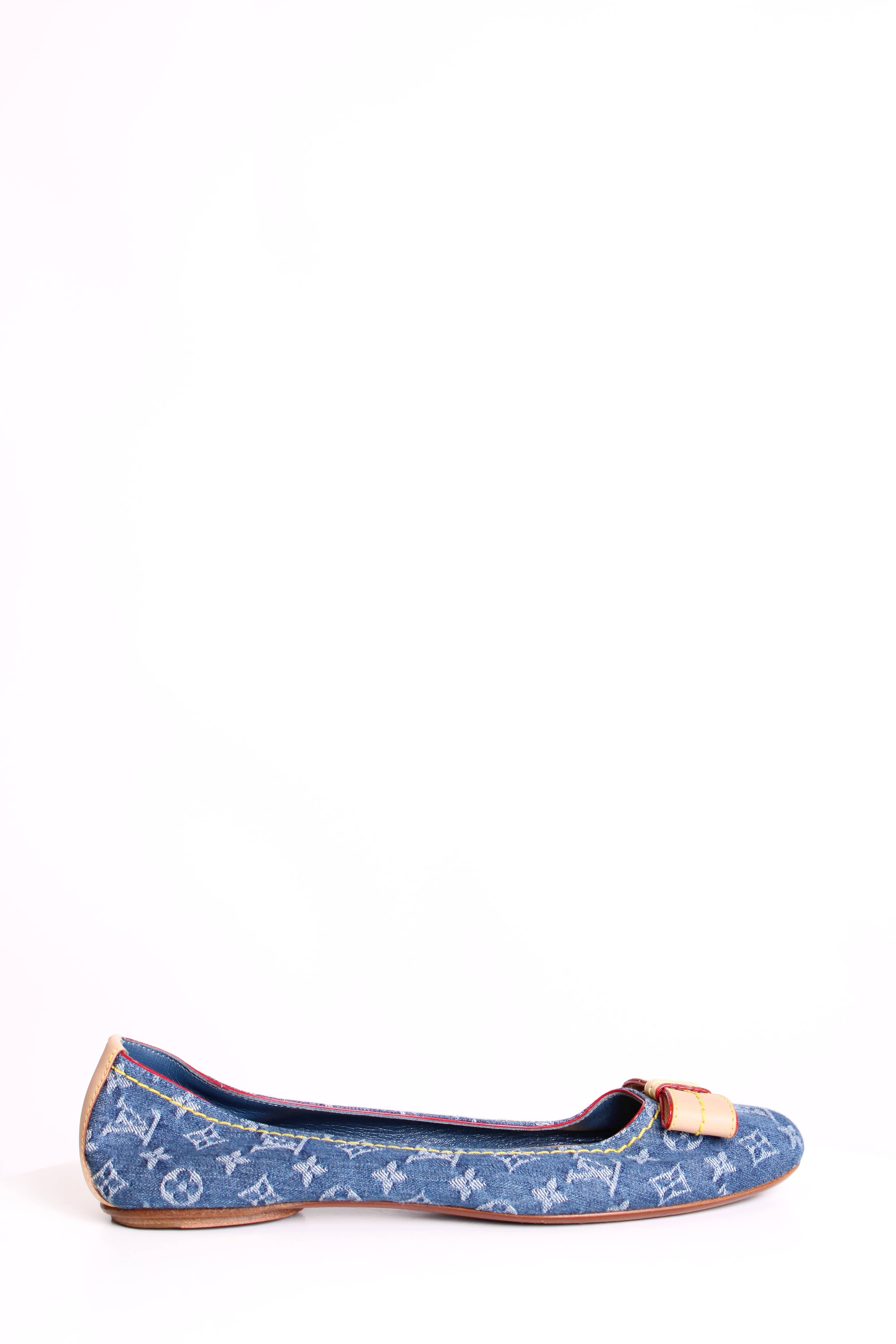 LUXURY PROMISE Louis Vuitton Monogram Bow Flats Denim 37.5