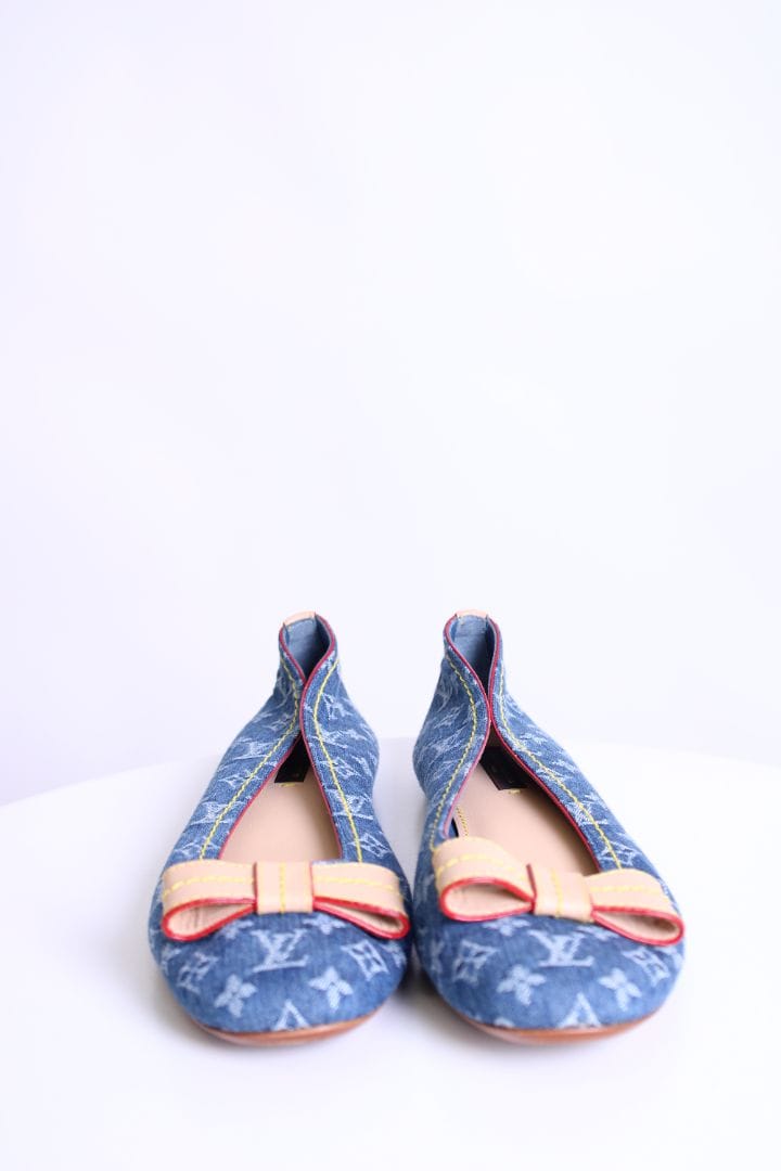 LUXURY PROMISE Louis Vuitton Monogram Bow Flats Denim 37.5