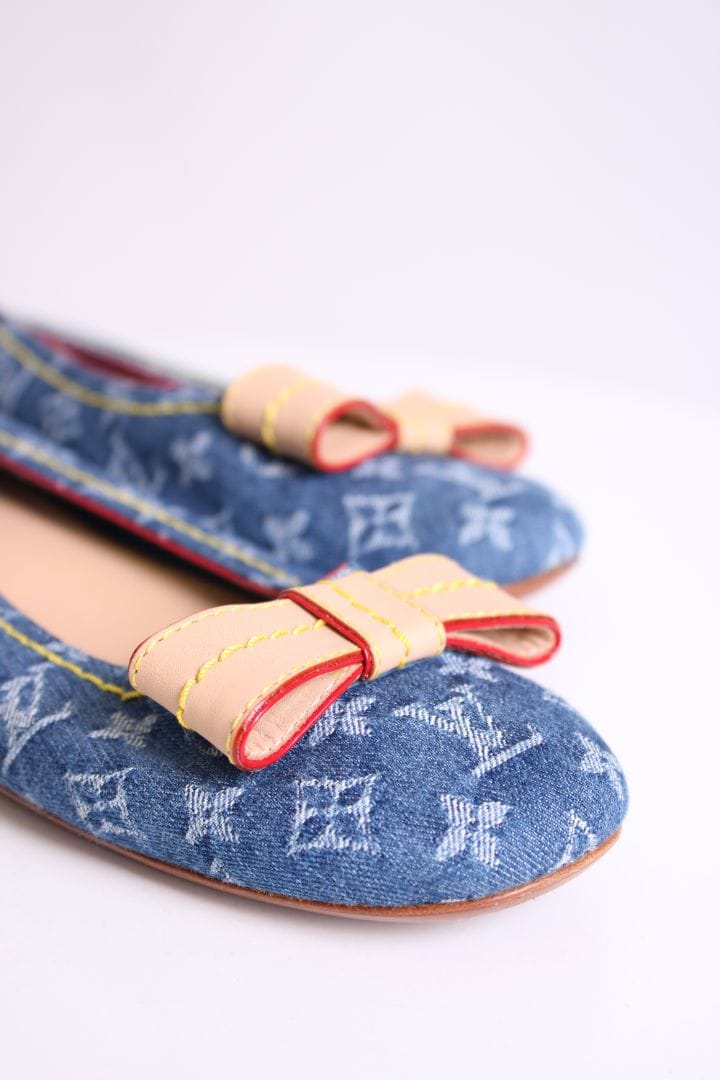 LUXURY PROMISE Louis Vuitton Monogram Bow Flats Denim 37.5