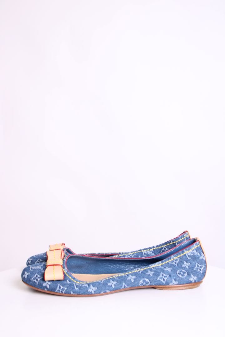 LUXURY PROMISE Louis Vuitton Monogram Bow Flats Denim 37.5