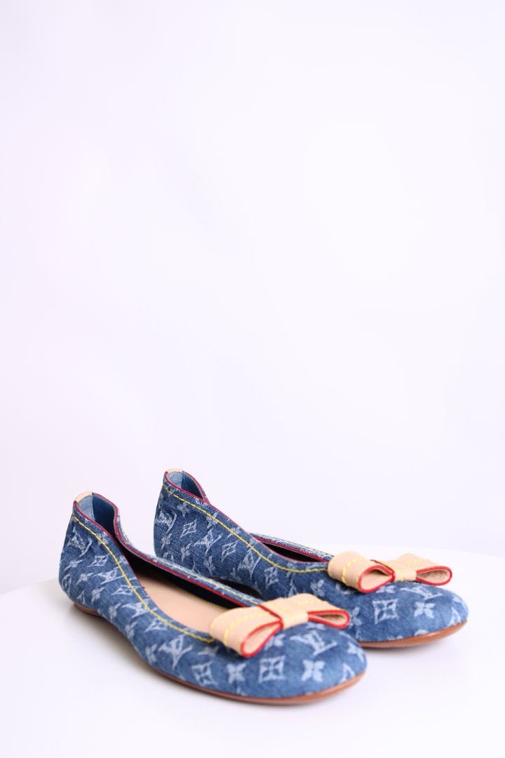 LUXURY PROMISE Louis Vuitton Monogram Bow Flats Denim 37.5