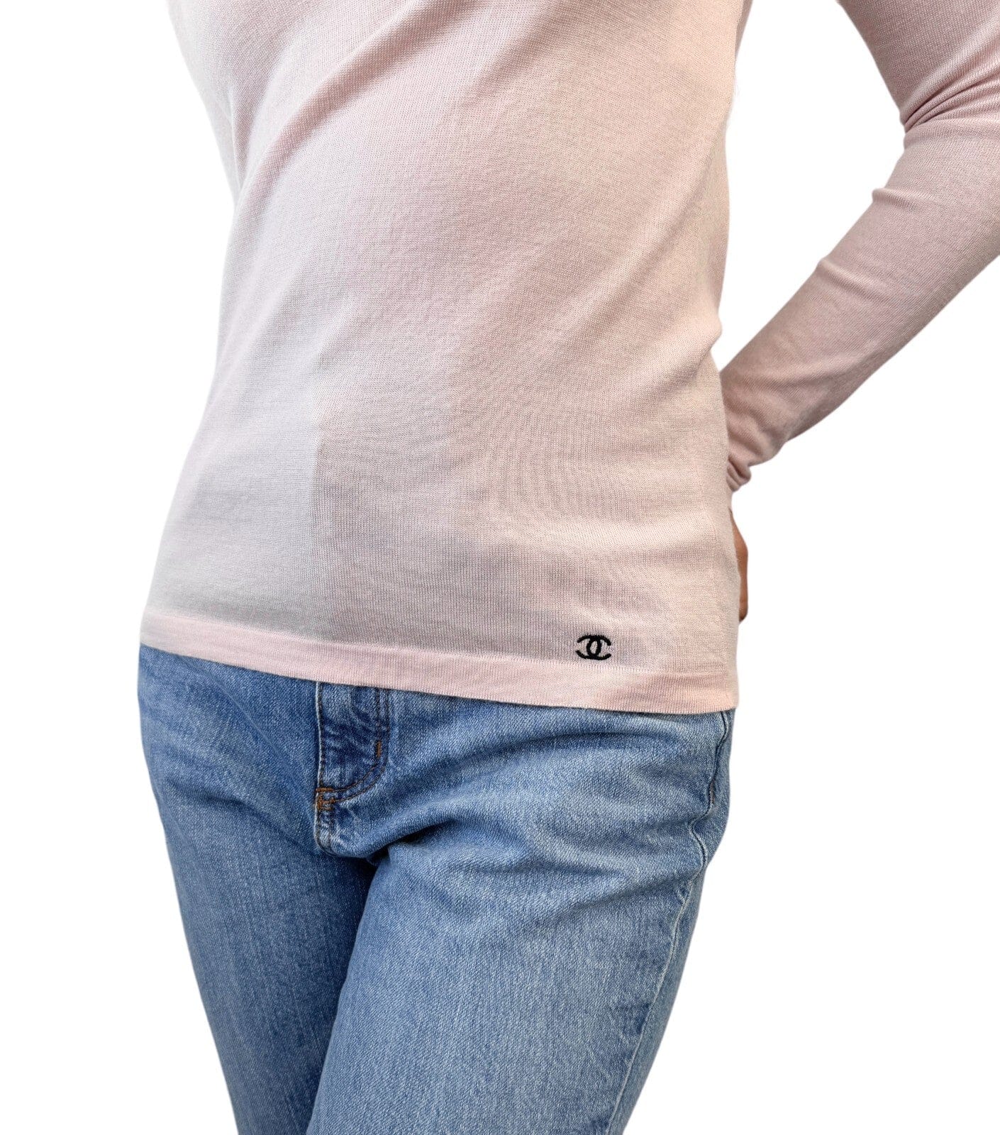 Luxury Promise CHANEL Vintage 02A CC Logo Sweater Top #42 Knit Pullover Pink Black Wool RankB