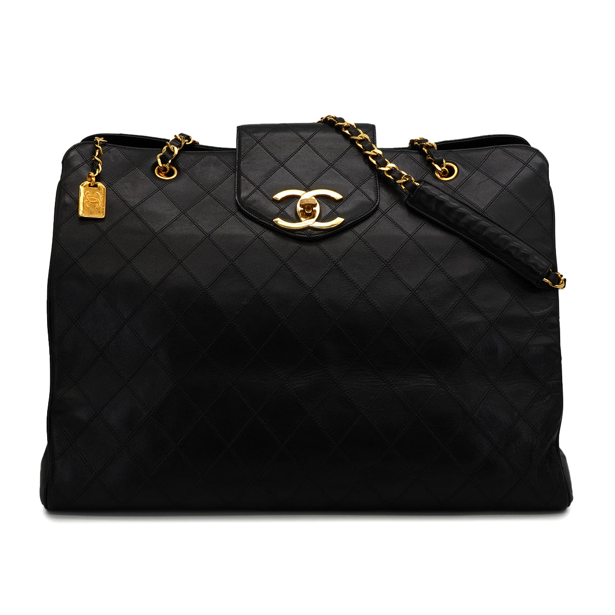 LUXURY PROMISE VINTAGE CHANEL BICOLORE SUPER MODEL CHAIN TOTE BAG BLACK LAMB SKIN GOLD HARDWARE 90342581