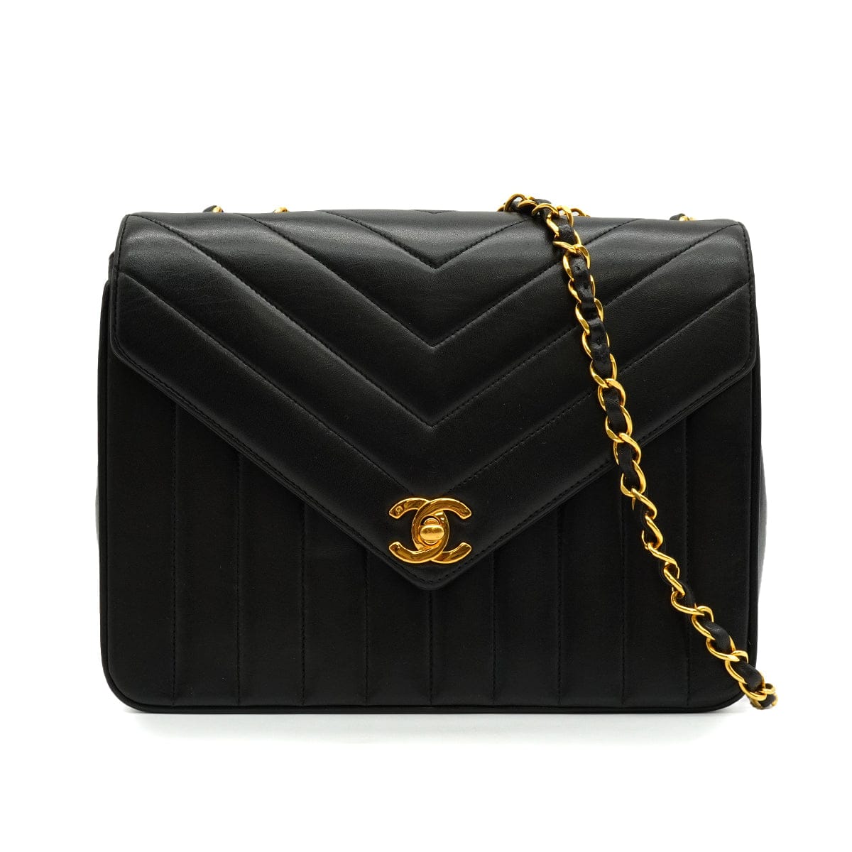 LUXURY PROMISE VINTAGE CHANEL CHEVRON V STITCH CHAIN SHOULDER BAG BLACK LAMB SKIN GOLD HARDWARE 90339645