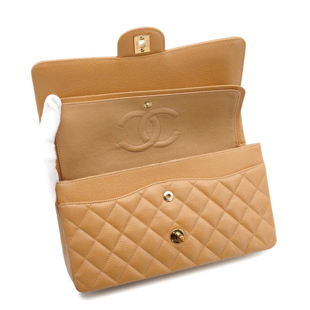 LUXURY PROMISE VINTAGE CHANEL CLASSIC FLAP MEDIUM CHAIN SHOULDER BAG BEIGE CAVIAR SKIN GOLD HARDWARE 90343003