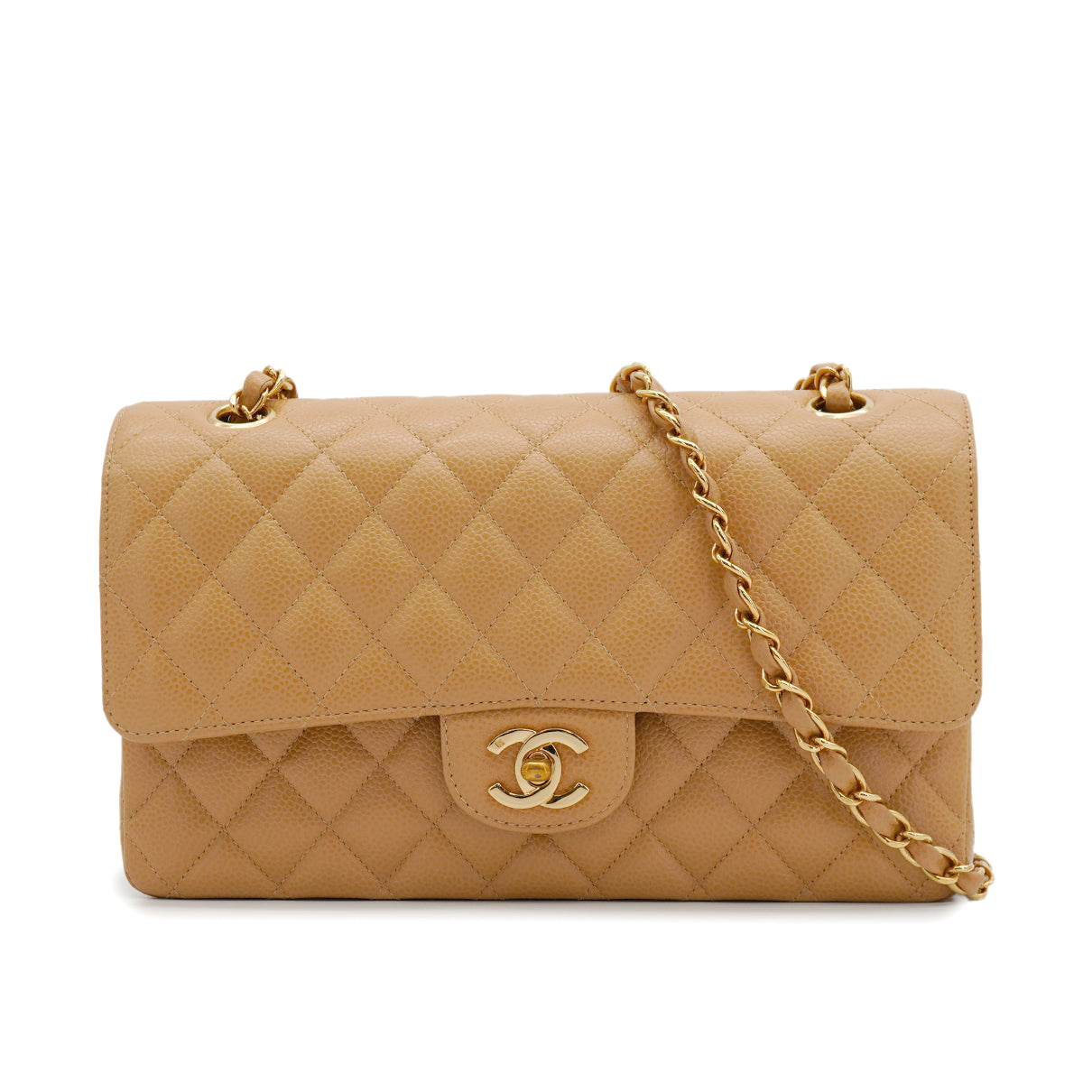 LUXURY PROMISE VINTAGE CHANEL CLASSIC FLAP MEDIUM CHAIN SHOULDER BAG BEIGE CAVIAR SKIN GOLD HARDWARE 90343003