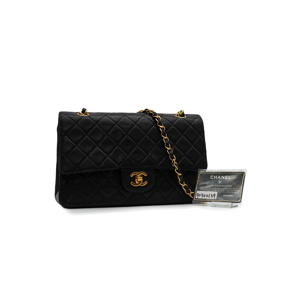 LUXURY PROMISE VINTAGE CHANEL CLASSIC FLAP MEDIUM CHAIN SHOULDER BAG BLACK LAMB SKIN GOLD HARDWARE 90340139