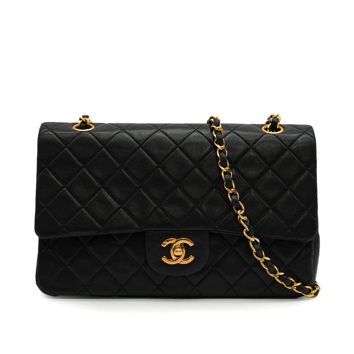 LUXURY PROMISE VINTAGE CHANEL CLASSIC FLAP MEDIUM CHAIN SHOULDER BAG BLACK LAMB SKIN GOLD HARDWARE 90340139