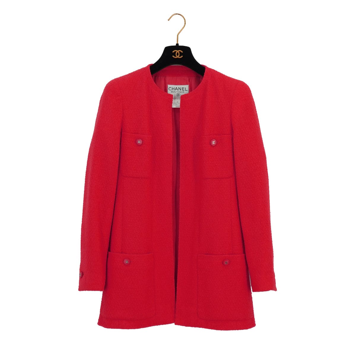 LUXURY PROMISE VINTAGE CHANEL COCO BUTTON TWEED JACKET SKIRT SET RED WOOL 38 96P RTW 90332947