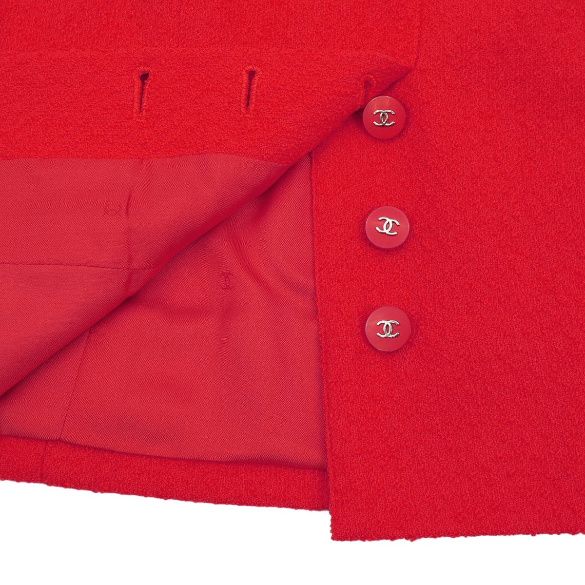 LUXURY PROMISE VINTAGE CHANEL COCO BUTTON TWEED JACKET SKIRT SET RED WOOL 38 96P RTW 90332947