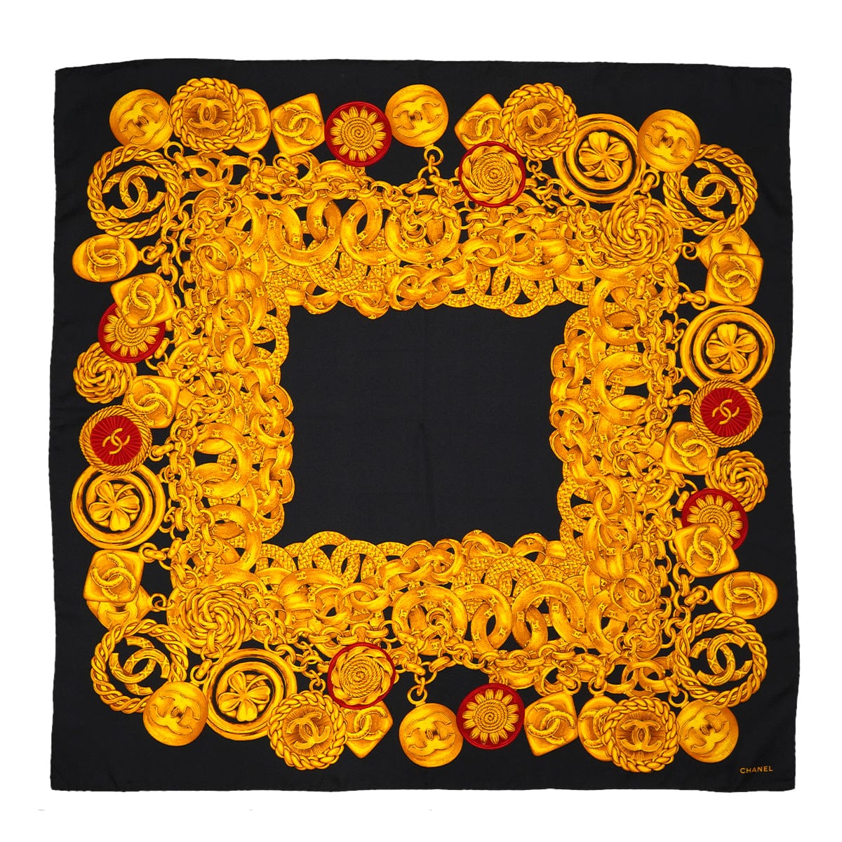 LUXURY PROMISE VINTAGE CHANEL COCOMARK CHAIN PATTERN SCARF GOLD BLACK SILK 90331875