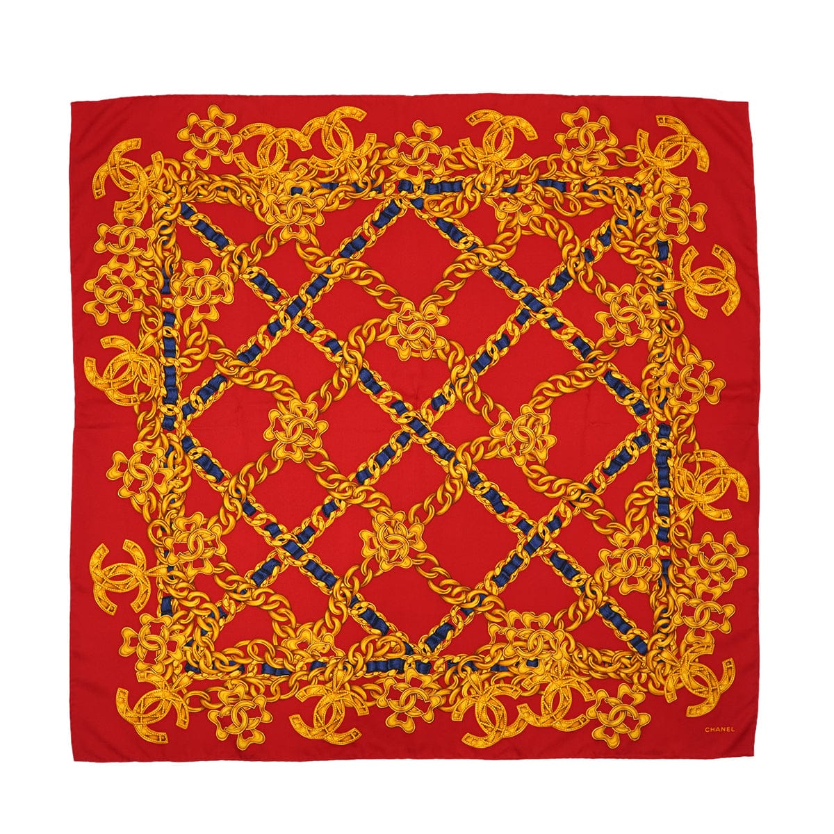 LUXURY PROMISE VINTAGE CHANEL COCOMARK CHAIN PATTERN SCARF GOLD RED SILK 90334196