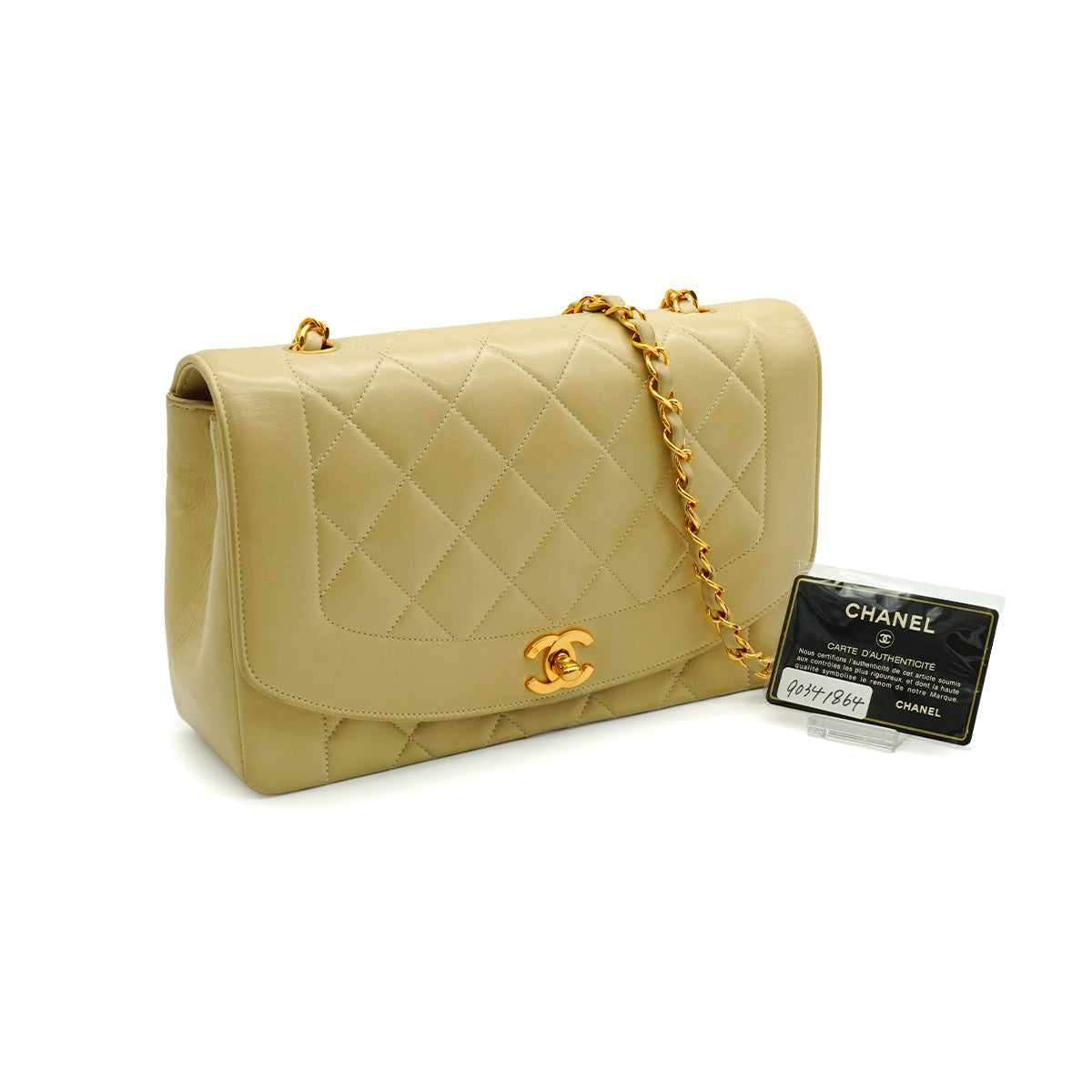 LUXURY PROMISE VINTAGE CHANEL DIANA MEDIUM CHAIN SHOULDER BAG BEIGE LAMB SKIN GOLD HARDWARE 90341864