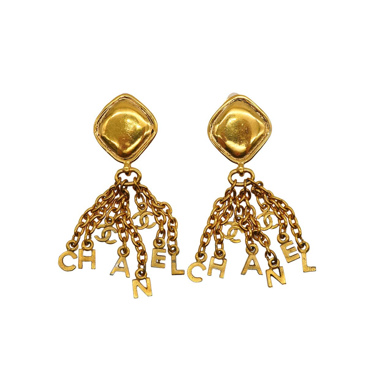 LUXURY PROMISE VINTAGE CHANEL EARRINGS FRINGE LOGO GOLD ACCESSORY 90334182
