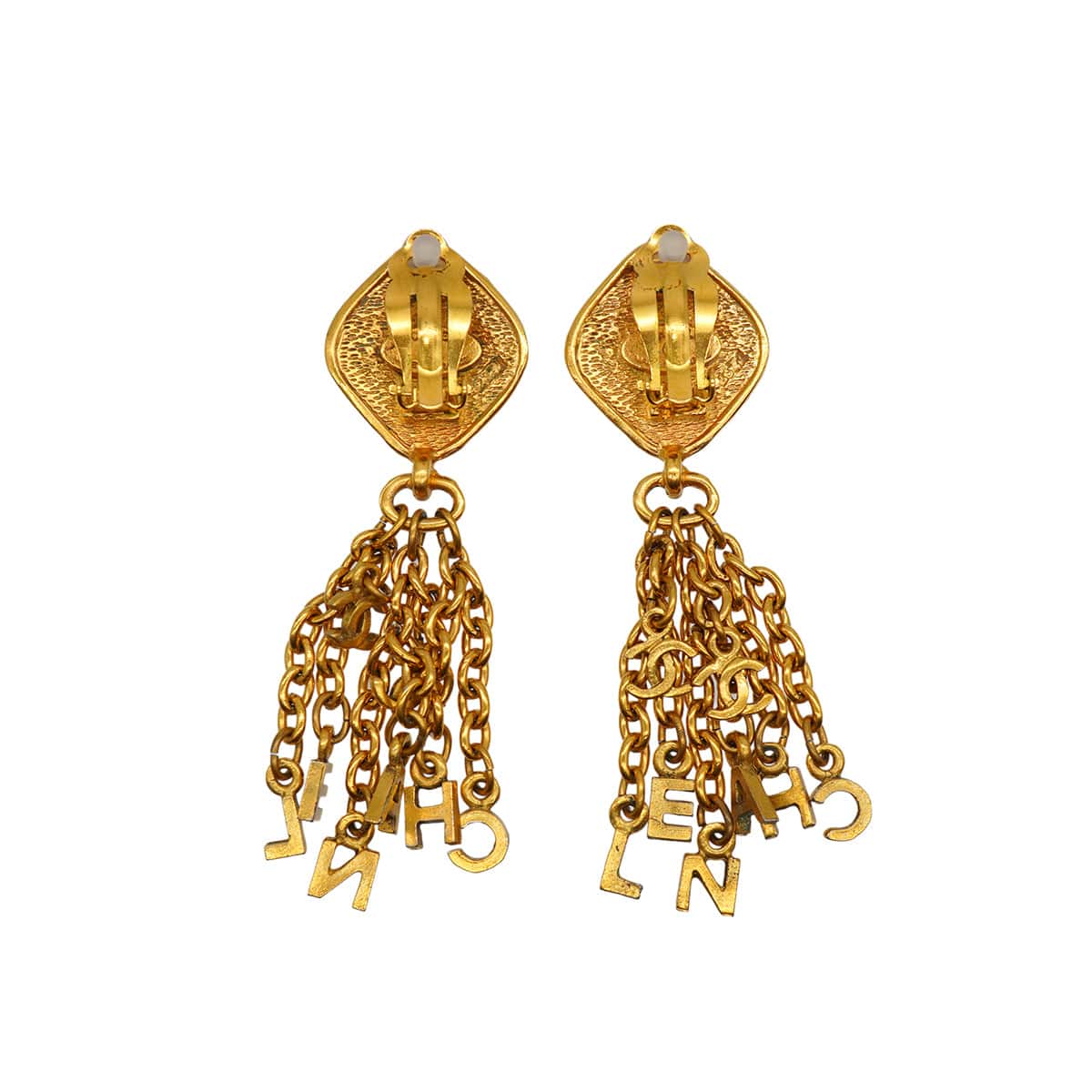 LUXURY PROMISE VINTAGE CHANEL EARRINGS FRINGE LOGO GOLD ACCESSORY 90334182