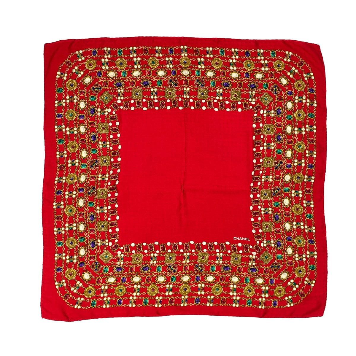 LUXURY PROMISE VINTAGE CHANEL GRIPOIX PATTERN SCARF RED MULTICOLOR SILK 90322056