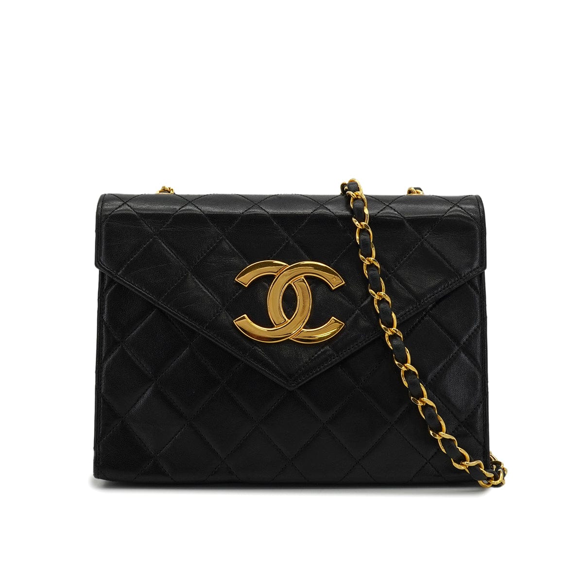 LUXURY PROMISE VINTAGE CHANEL LETTER FLAP MATELASSE BIG COCO CHAIN SHOULDER BAG BLACK LAMB SKIN GOLD HARDWARE 90339944