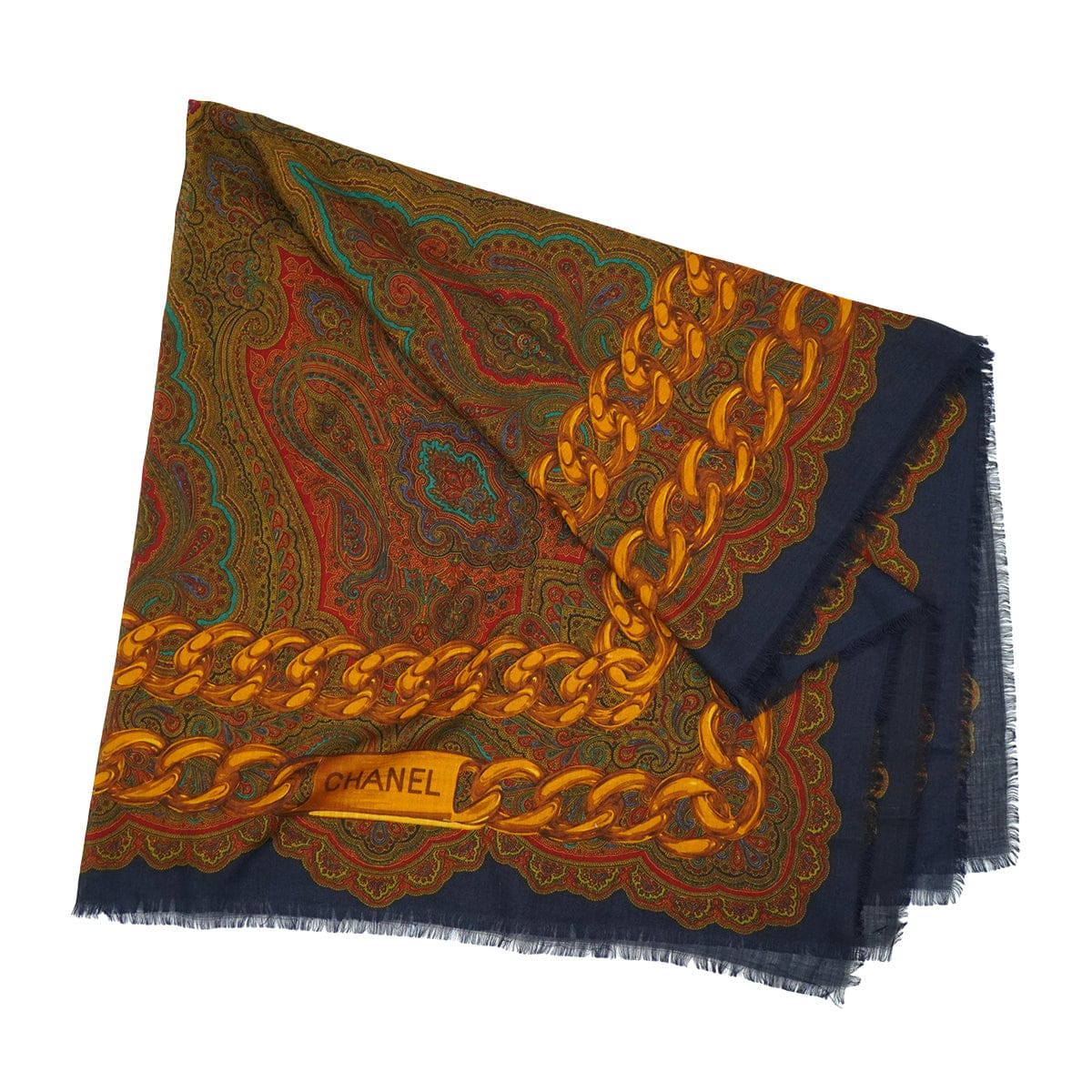 LUXURY PROMISE VINTAGE CHANEL LOGO CHAIN PAISLEY PATTERN SCARF NAVY SILK 90334511