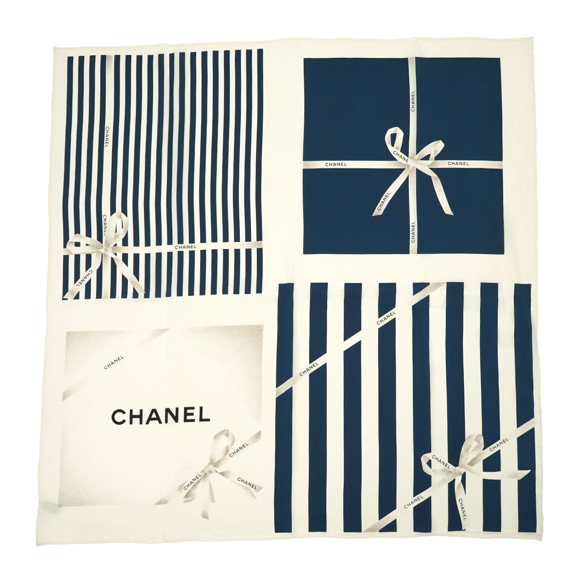 LUXURY PROMISE VINTAGE CHANEL LOGO RIBBON STRIPE PATTERN SCARF NAVY WHITE SILK 90340534