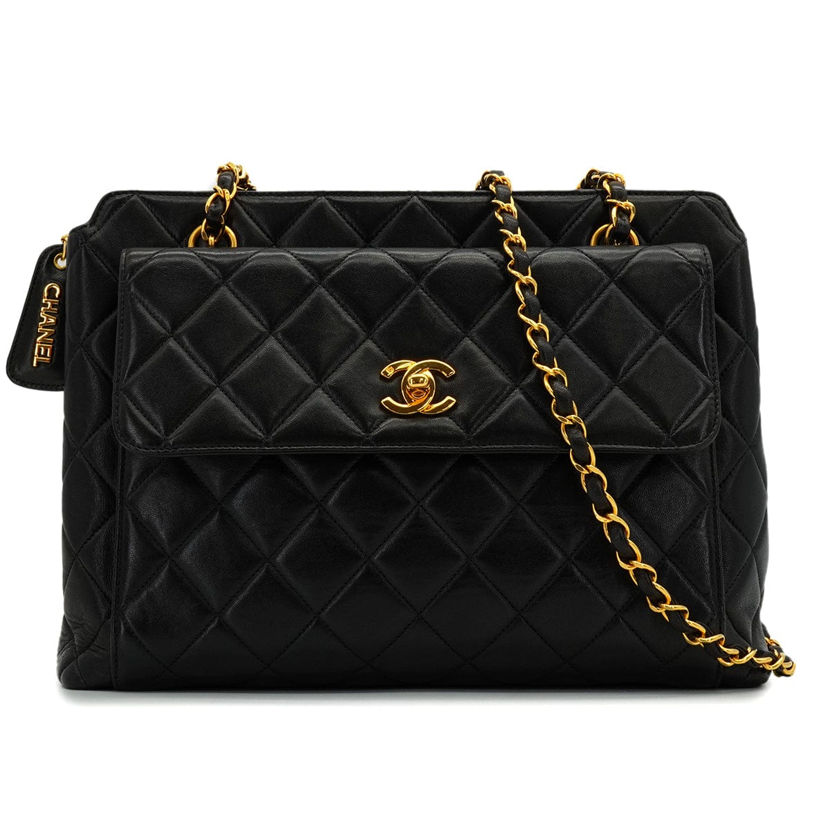LUXURY PROMISE VINTAGE CHANEL MATELASSE CHAIN TOTE SHOULDER BAG BLACK LAMB SKIN GOLD HARDWARE 90339970