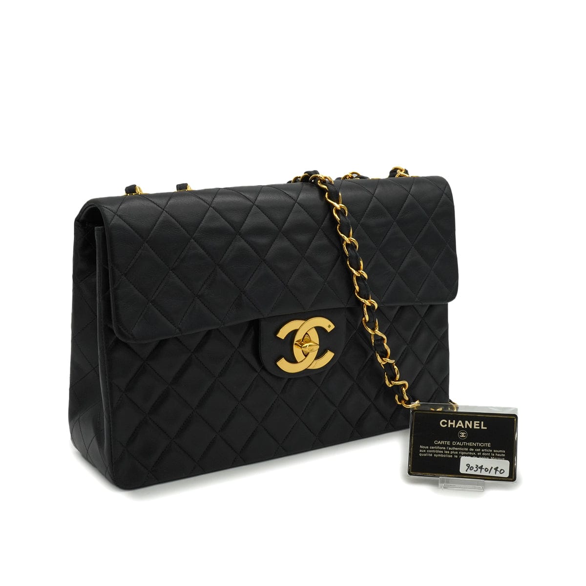 LUXURY PROMISE VINTAGE CHANEL MAXI MATELASSE 34 CHAIN SHOULDER BAG BLACK LAMB SKIN GOLD HARDWARE 90340140