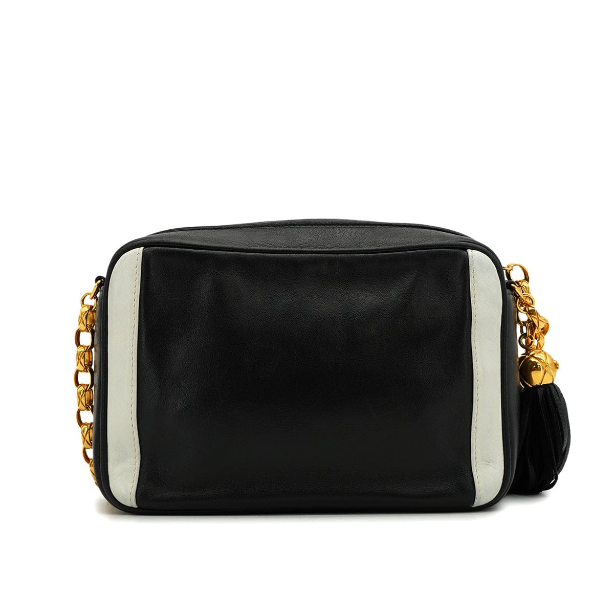 LUXURY PROMISE VINTAGE CHANEL MINI COCOMARK BICOLOR BIJOU CHAIN SHOULDER BAG FRINGE BLACK WHITE LAMB SKIN GOLD HARDWARE 90339951