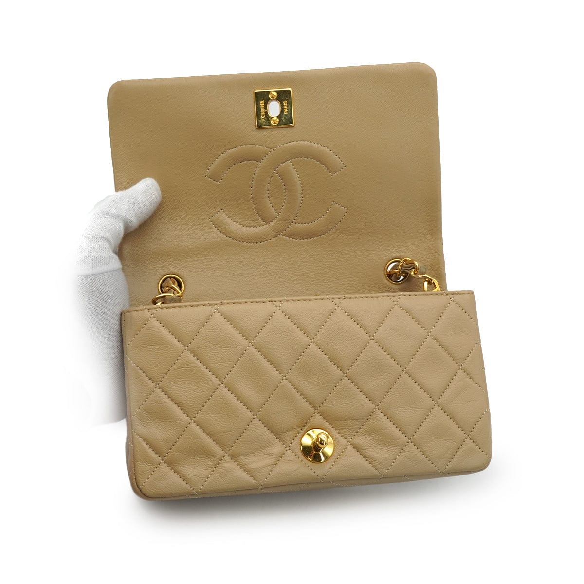 LUXURY PROMISE VINTAGE CHANEL MINI FULL FLAP CHAIN SHUOLDER BAG BEIGE LAMB SKIN GOLD HARDWARE 90339937
