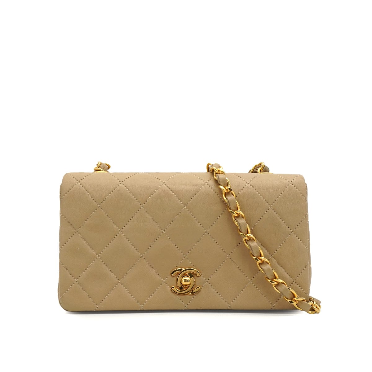 LUXURY PROMISE VINTAGE CHANEL MINI FULL FLAP CHAIN SHUOLDER BAG BEIGE LAMB SKIN GOLD HARDWARE 90339937