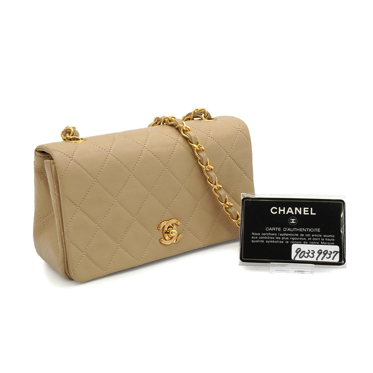 LUXURY PROMISE VINTAGE CHANEL MINI FULL FLAP CHAIN SHUOLDER BAG BEIGE LAMB SKIN GOLD HARDWARE 90339937
