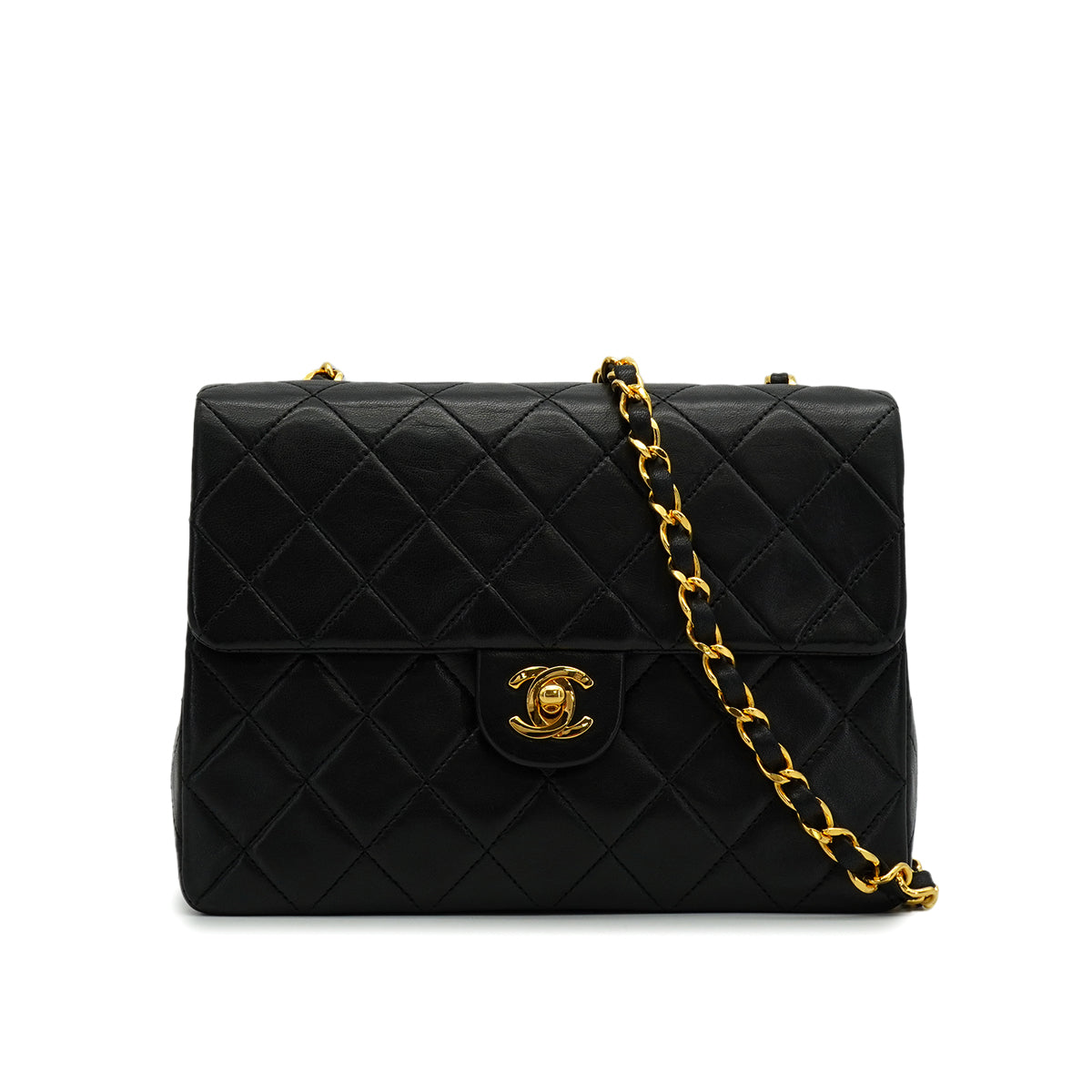 LUXURY PROMISE VINTAGE CHANEL MINI MATERASSE CHAIN SHOULDER BAG BLACK LAMB SKIN GOLD HARDWARE 90340146
