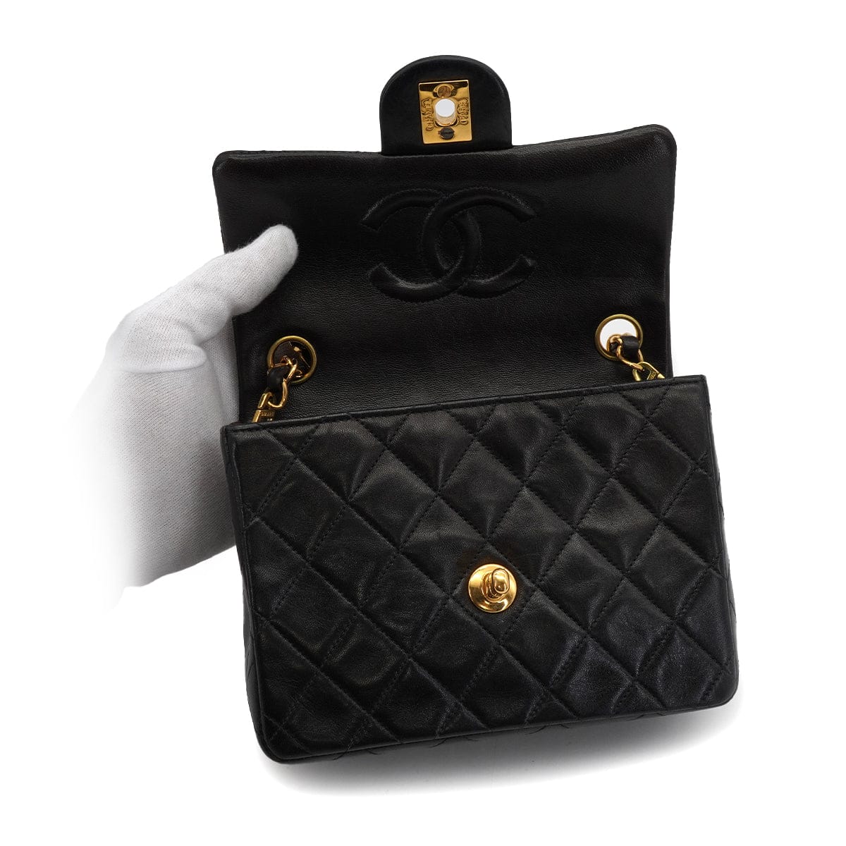 LUXURY PROMISE VINTAGE CHANEL MINI SQUARE 17 CHAIN SHOULDER BAG BLACK LAMB SKIN GOLD HARDWARE 90340165