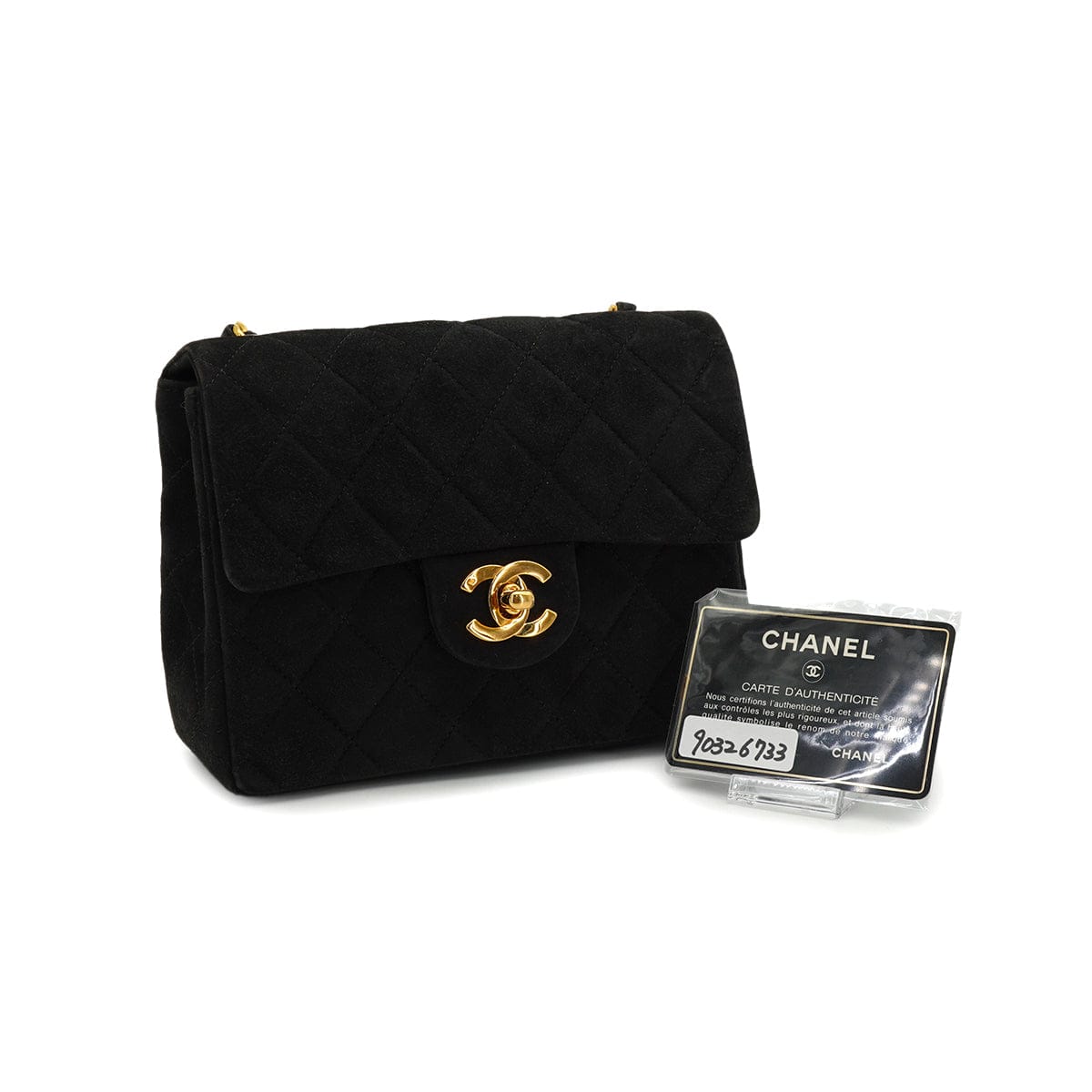 LUXURY PROMISE VINTAGE CHANEL MINI SQUARE 17 CHAIN SHOULDER BAG BLACK SUEDE GOLD HARDWARE 90326733