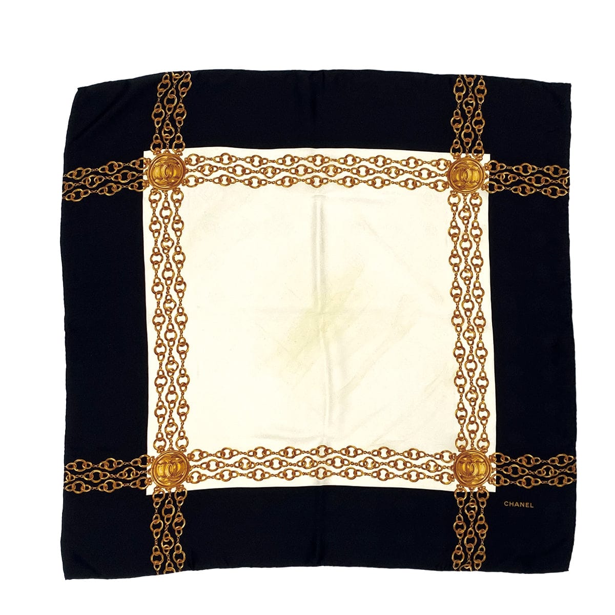 LUXURY PROMISE VINTAGE CHANEL SCARF COCOMARK CHAIN MOTIF BLACK BEIGE SILK 90314745