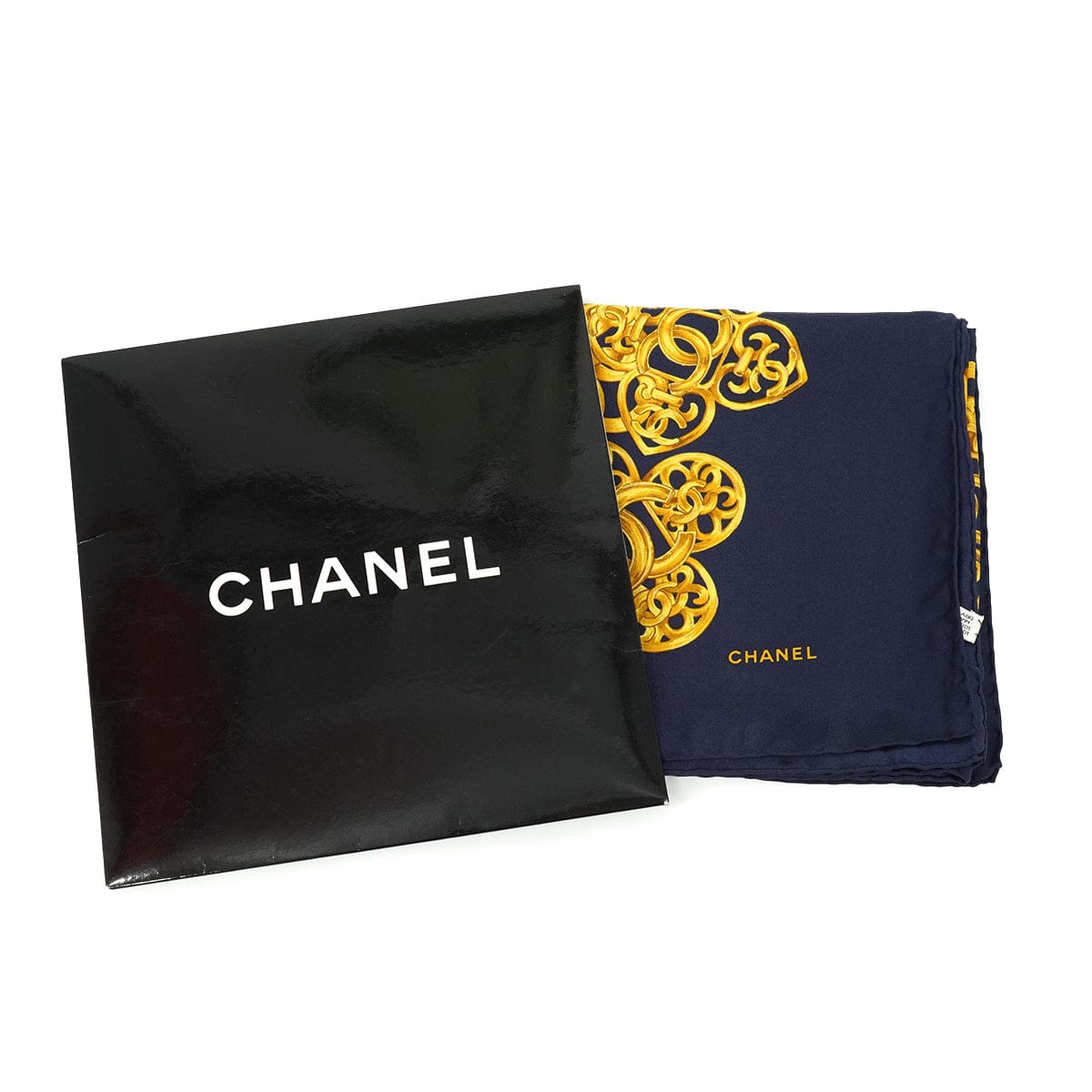 LUXURY PROMISE VINTAGE CHANEL SCARF COCOMARK CHAIN PATTERN GOLD NAVY SILK 90334203