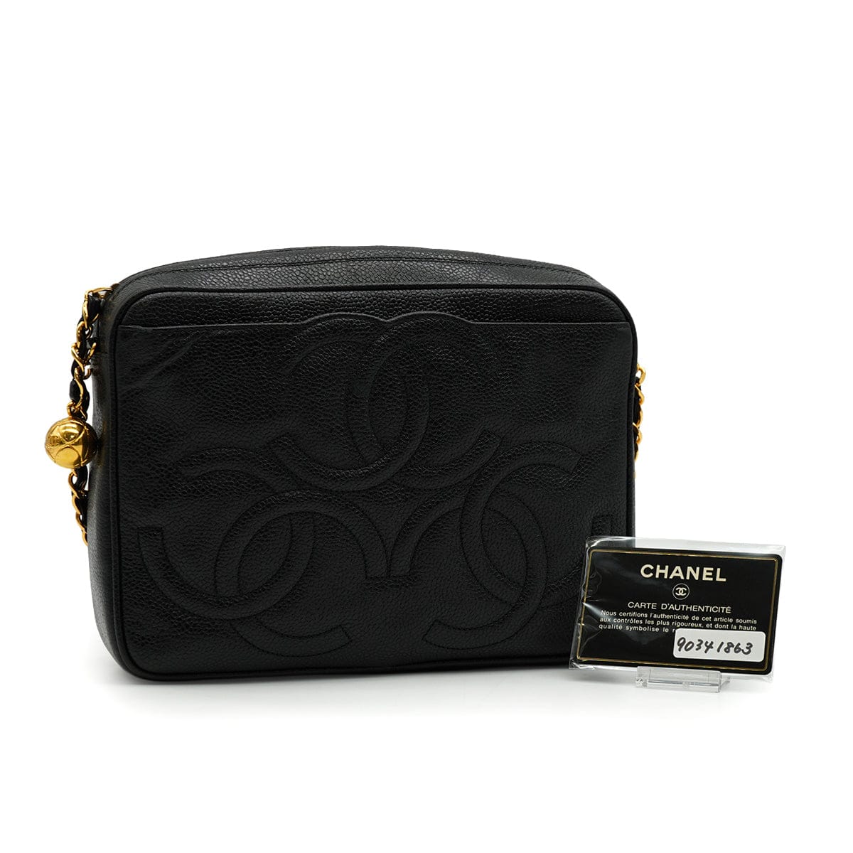 LUXURY PROMISE VINTAGE CHANEL TRIPLE COCO CHAIN SHOULDER BAG FRINGE BLACK CAVIR SKIN GOLD HARDWARE 90341863