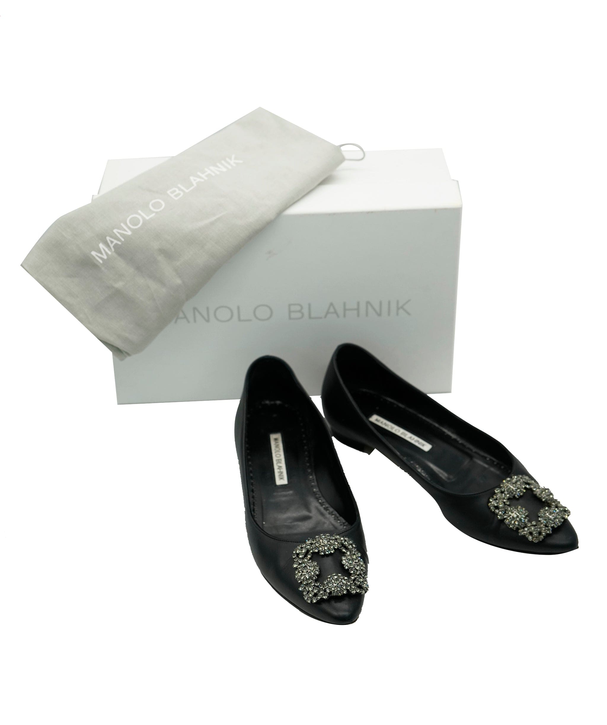 Manolo Blahnik Manolo Blahnik Hangisi Fume Flat Black 37 (Box, two dustbags) REC1730