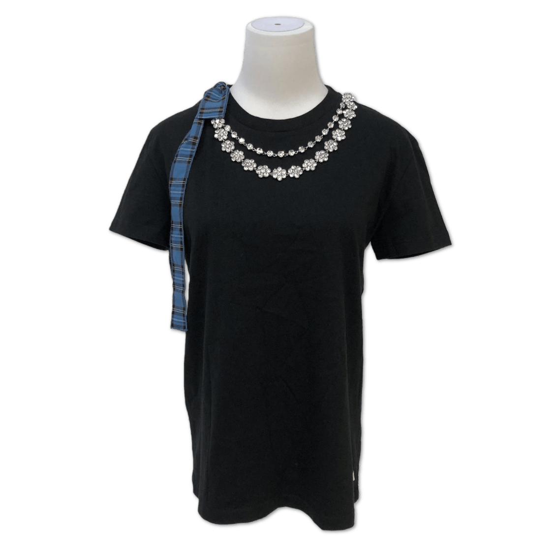 Miu Miu Miu Miu Black Crystal-Necklace Plaid-Trim T-Shirt size S C19204309626