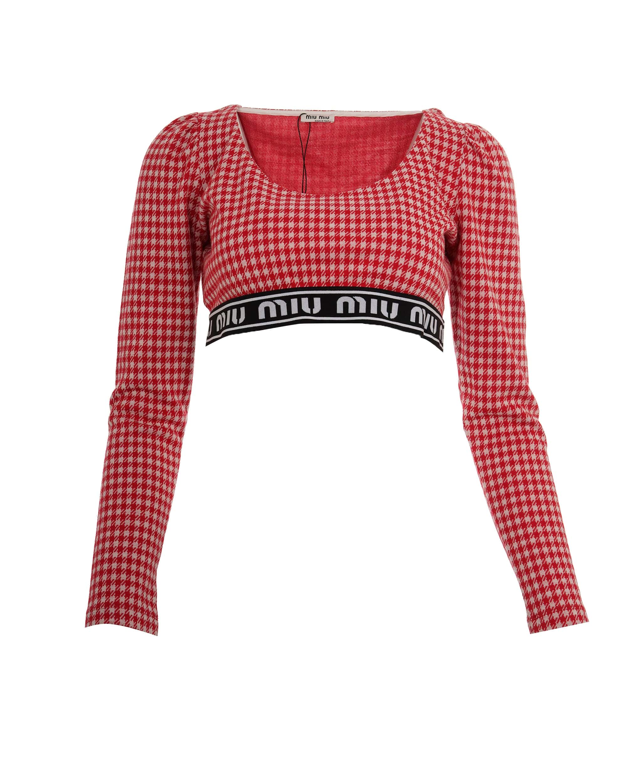 Miu Miu Miu Miu Houndstooth Red / White Long Sleeve Crop Top #42 SKC1914