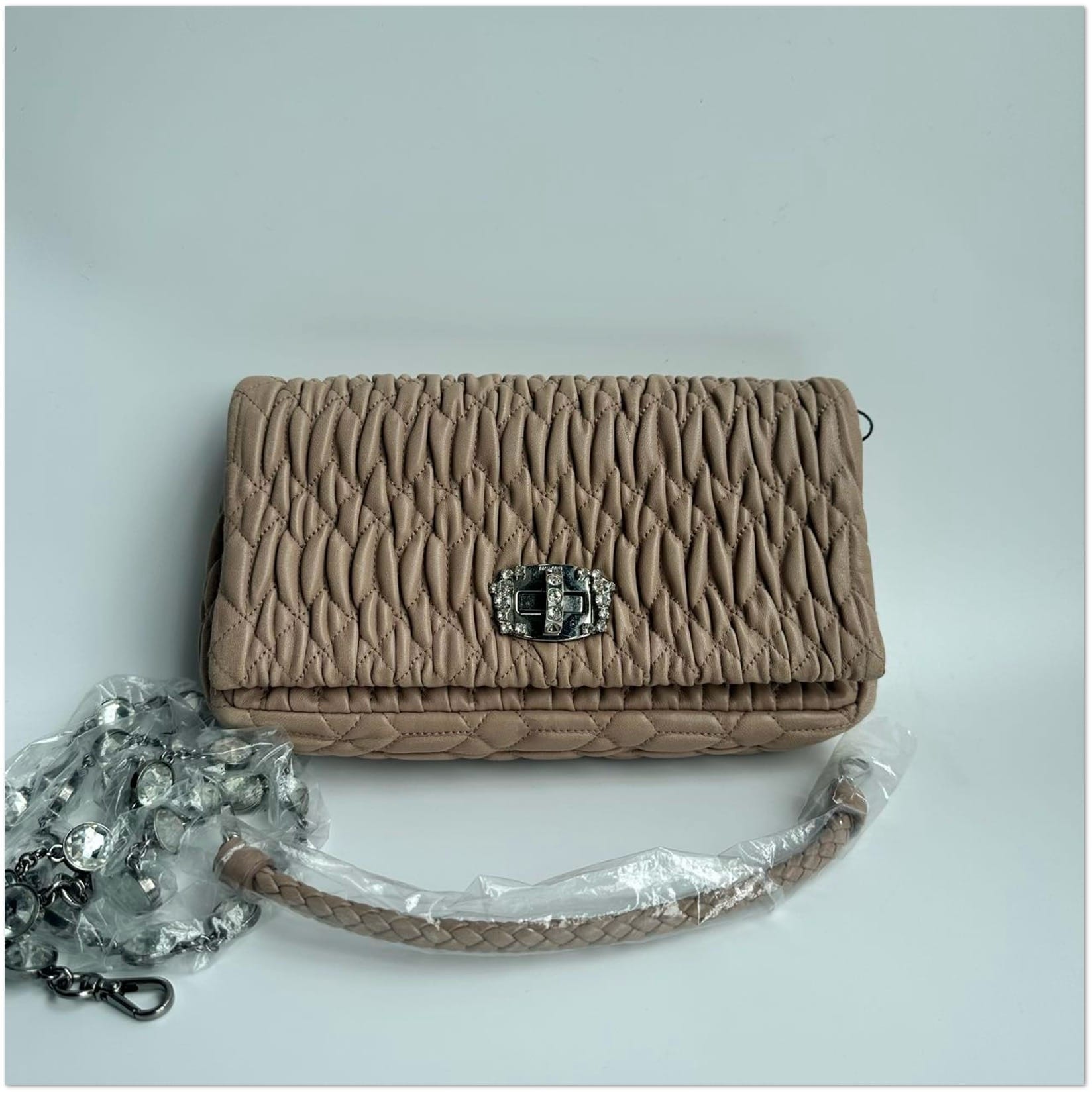 MiuMiu Miu Miu Taupe Matelassé Leather Crystal Flap Bag C19499610339